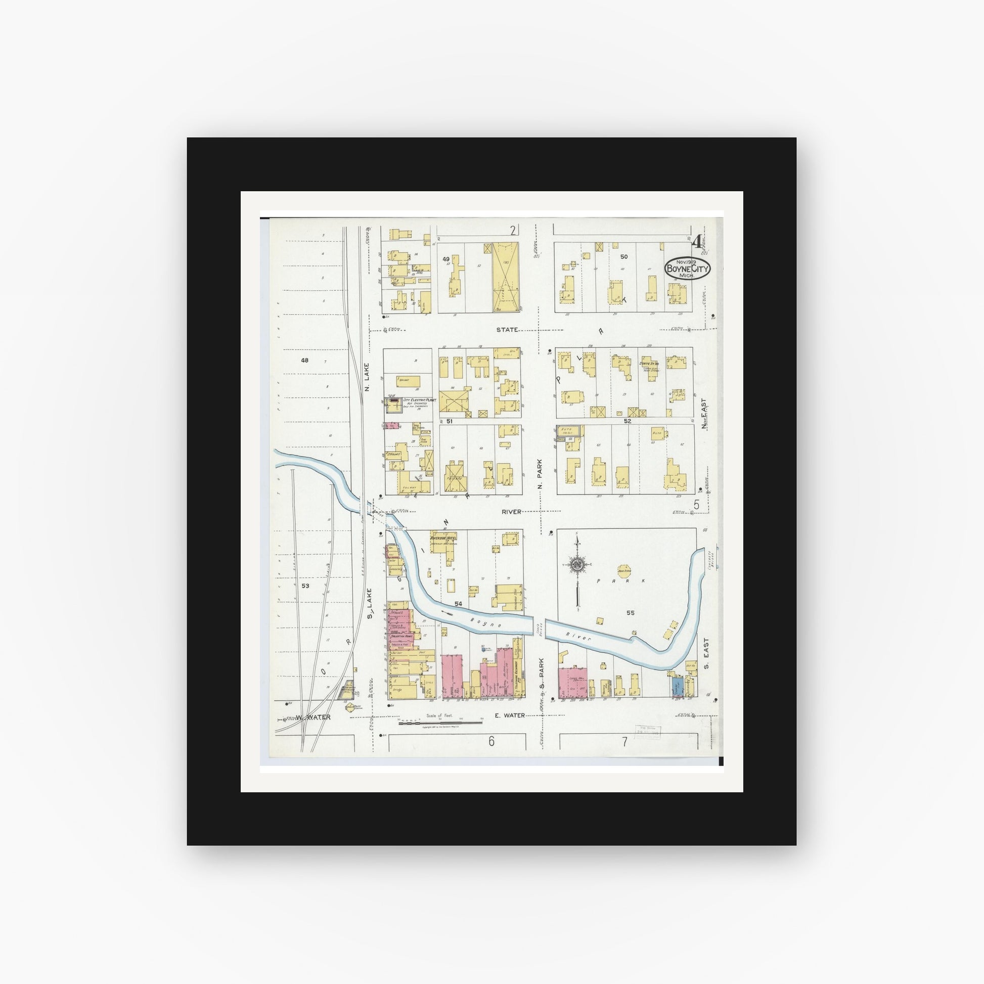 Old map wall art mockup — black gallery frame with white mat — Sanborn Fire Insurance Map from Boyne City, Charlevoix County, Michigan (1919), Sheet #0004