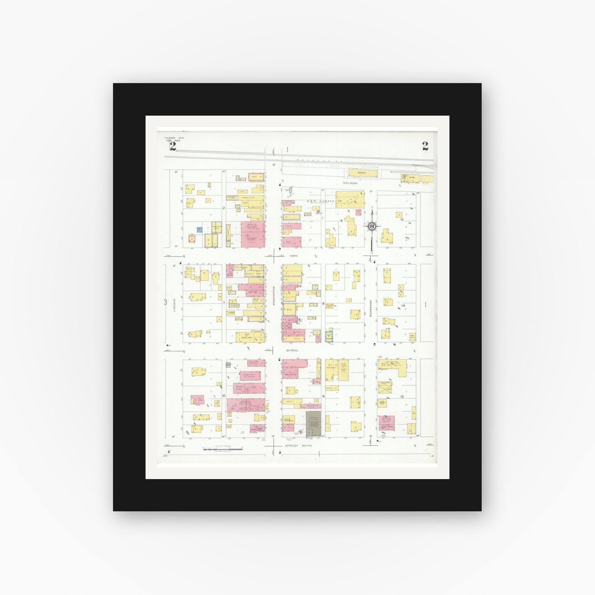Old map wall art mockup — black gallery frame with white mat — Sanborn Fire Insurance Map from Thorpe, Clark County, Wisconsin (1933), Sheet #0002