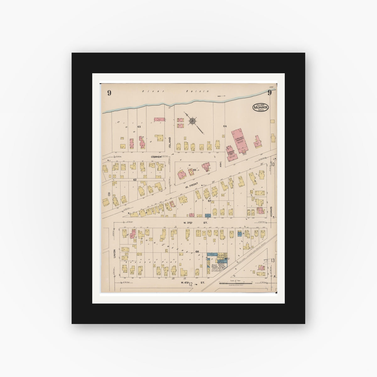 Old map wall art mockup — black gallery frame with white mat — Sanborn Fire Insurance Map from Monroe, Monroe County, Michigan (1922), Sheet #0009