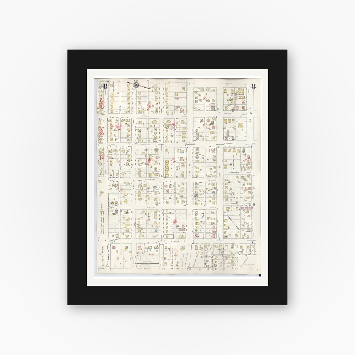 Old map wall art mockup — black gallery frame with white mat — Sanborn Fire Insurance Map from Lamesa, Dawson County, Texas (1948), Sheet #0008