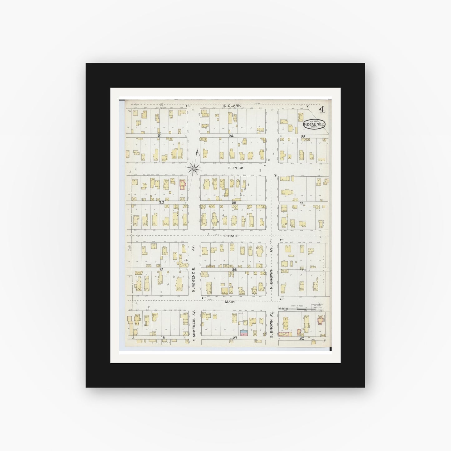 Old map wall art mockup — black gallery frame with white mat — Sanborn Fire Insurance Map from Negaunee, Marquette County, Michigan (1892), Sheet #0004