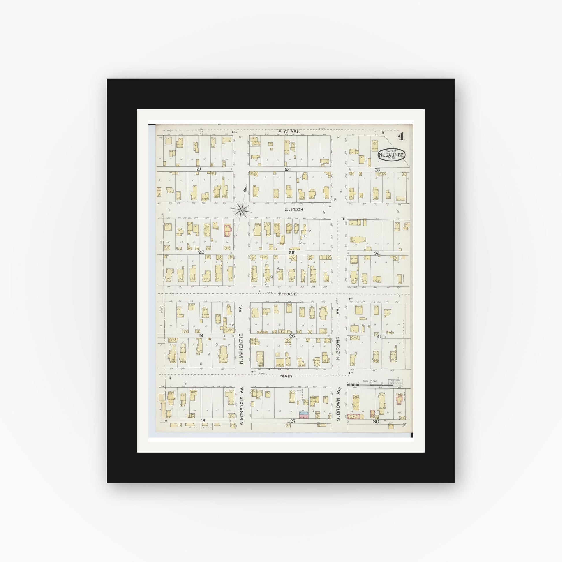 Old map wall art mockup — black gallery frame with white mat — Sanborn Fire Insurance Map from Negaunee, Marquette County, Michigan (1892), Sheet #0004