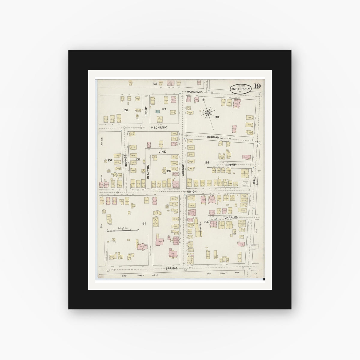 Old map wall art mockup — black gallery frame with white mat — Sanborn Fire Insurance Map from Amsterdam, Montgomery County, New York (1888), Sheet #0019