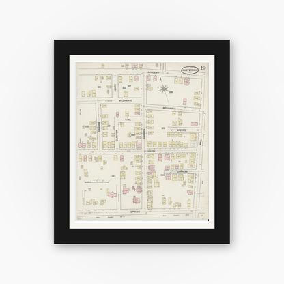 Old map wall art mockup — black gallery frame with white mat — Sanborn Fire Insurance Map from Amsterdam, Montgomery County, New York (1888), Sheet #0019