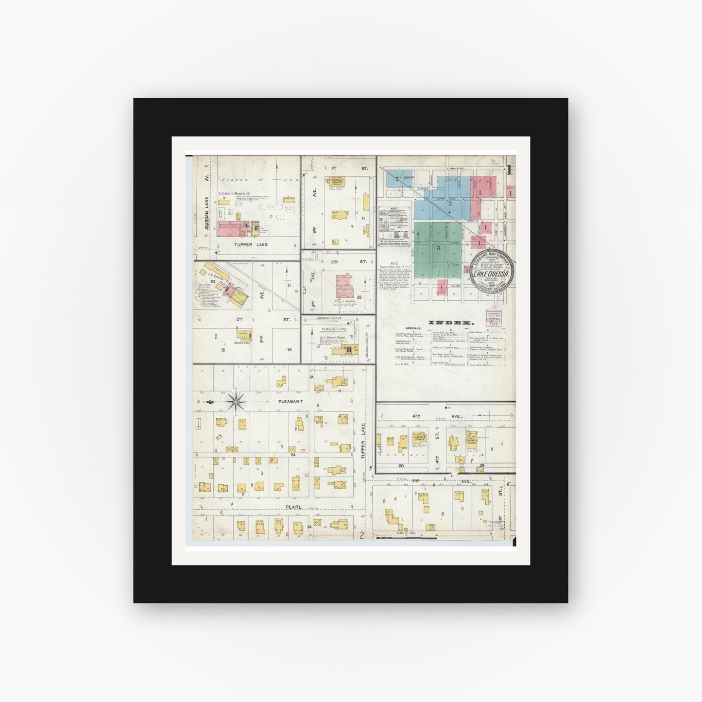 Old map wall art mockup — black gallery frame with white mat — Sanborn Fire Insurance Map from Lake Odessa, Ionia County, Michigan (1904), Sheet #0001
