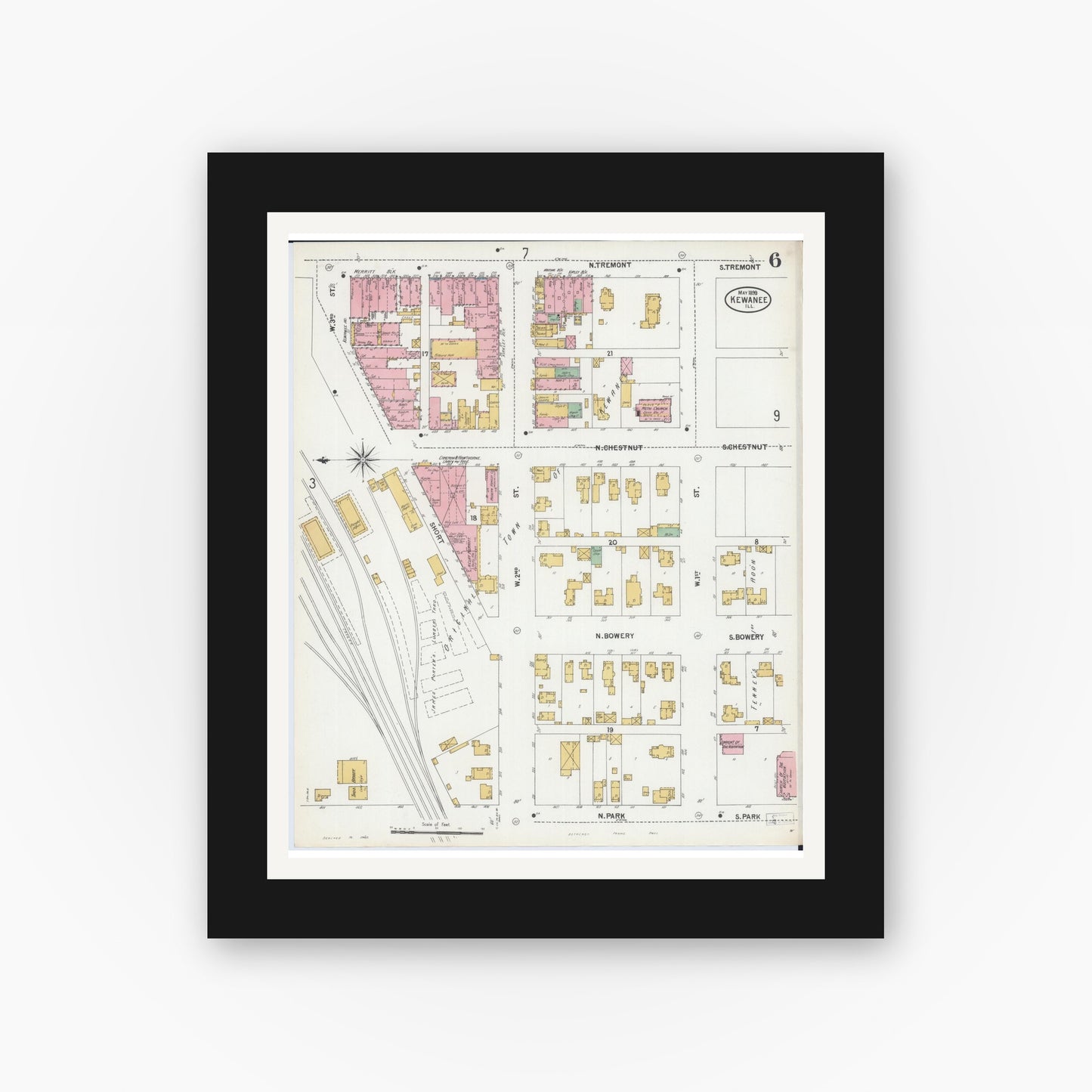 Old map wall art mockup — black gallery frame with white mat — Sanborn Fire Insurance Map from Kewanee, Henry County, Illinois (1899), Sheet #0006