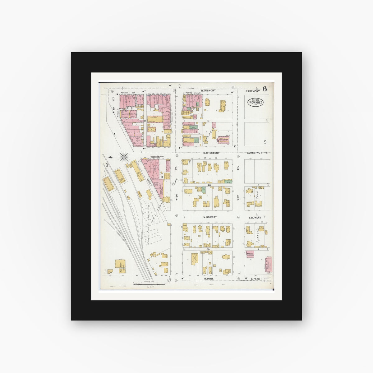 Old map wall art mockup — black gallery frame with white mat — Sanborn Fire Insurance Map from Kewanee, Henry County, Illinois (1899), Sheet #0006