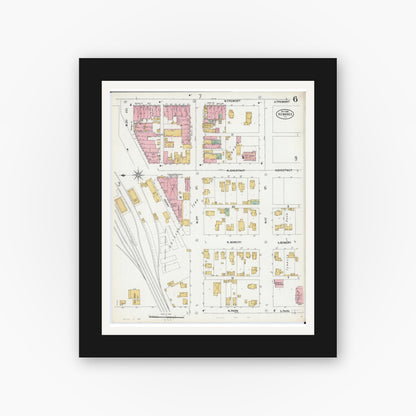 Old map wall art mockup — black gallery frame with white mat — Sanborn Fire Insurance Map from Kewanee, Henry County, Illinois (1899), Sheet #0006