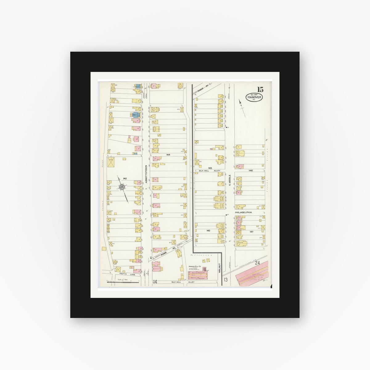Old map wall art mockup — black gallery frame with white mat — Sanborn Fire Insurance Map from Hanover, York County, Pennsylvania (1909), Sheet #0015