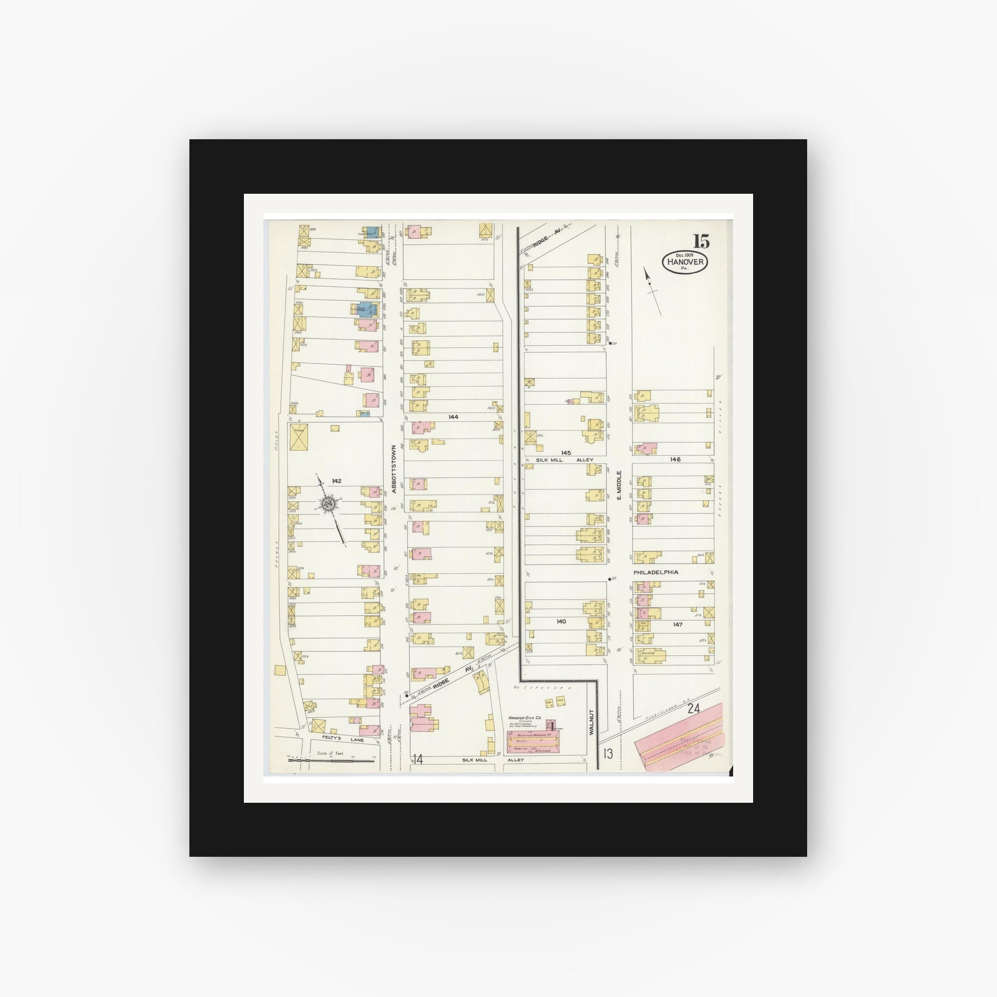 Old map wall art mockup — black gallery frame with white mat — Sanborn Fire Insurance Map from Hanover, York County, Pennsylvania (1909), Sheet #0015