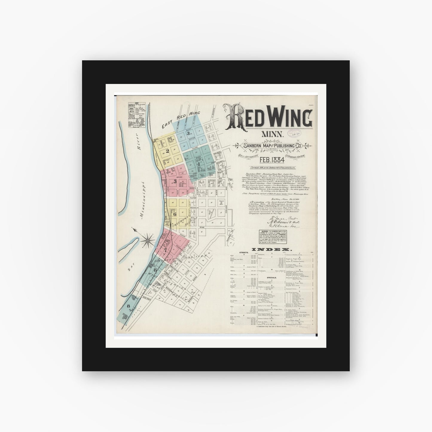 Old map wall art mockup — black gallery frame with white mat — Sanborn Fire Insurance Map from Red Wing, Goodhue County, Minnesota (1884) - Complete Map Set
