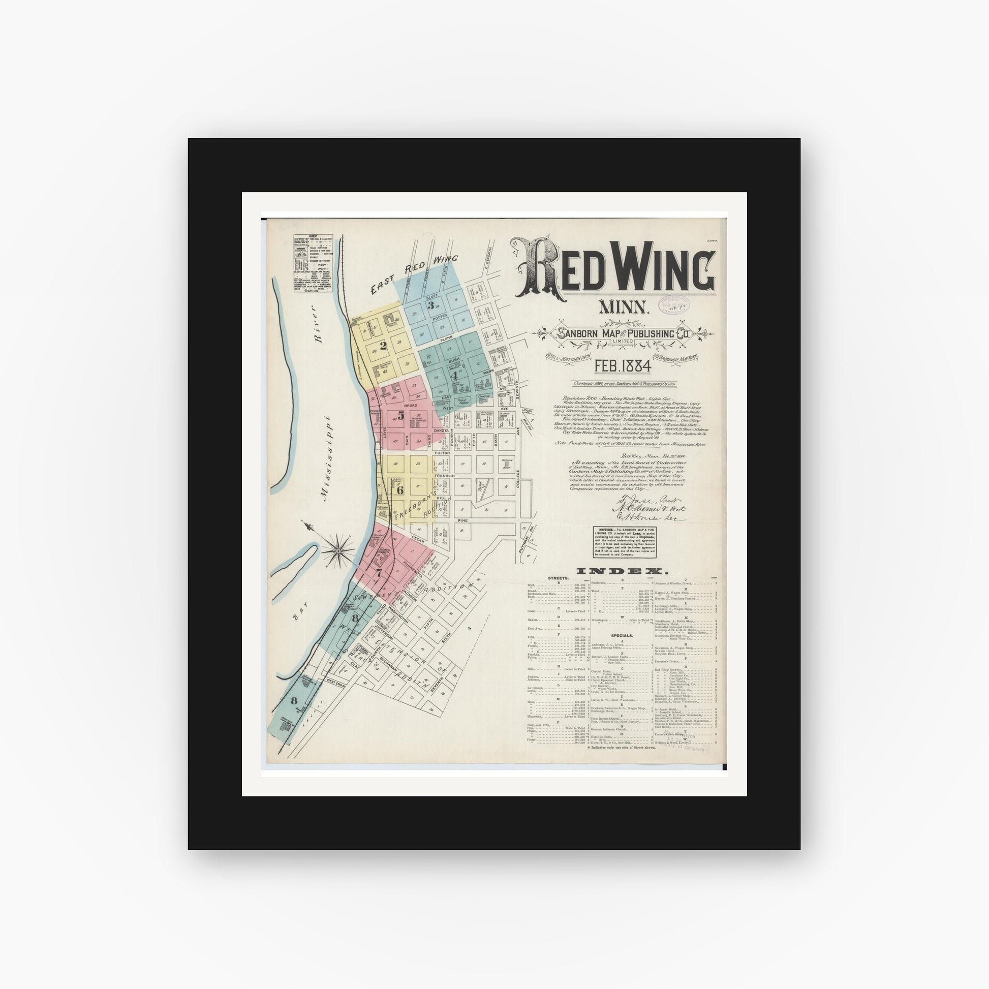 Old map wall art mockup — black gallery frame with white mat — Sanborn Fire Insurance Map from Red Wing, Goodhue County, Minnesota (1884) - Complete Map Set