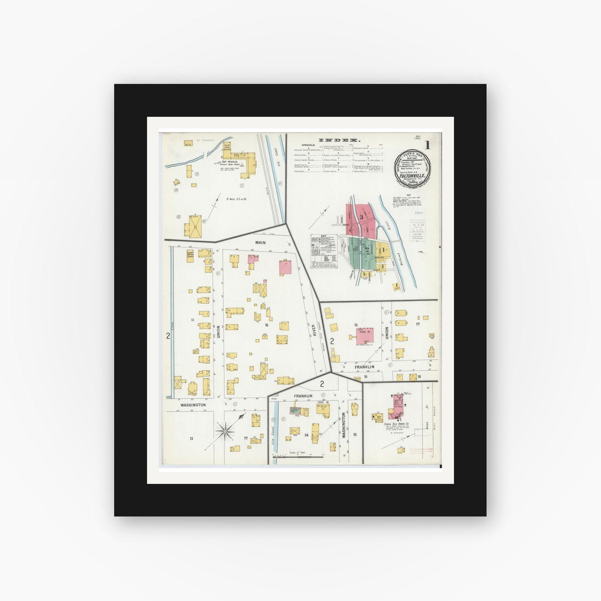 Old map wall art mockup — black gallery frame with white mat — Sanborn Fire Insurance Map from Fultonville, Montgomery County, New York (1900), Sheet #0001