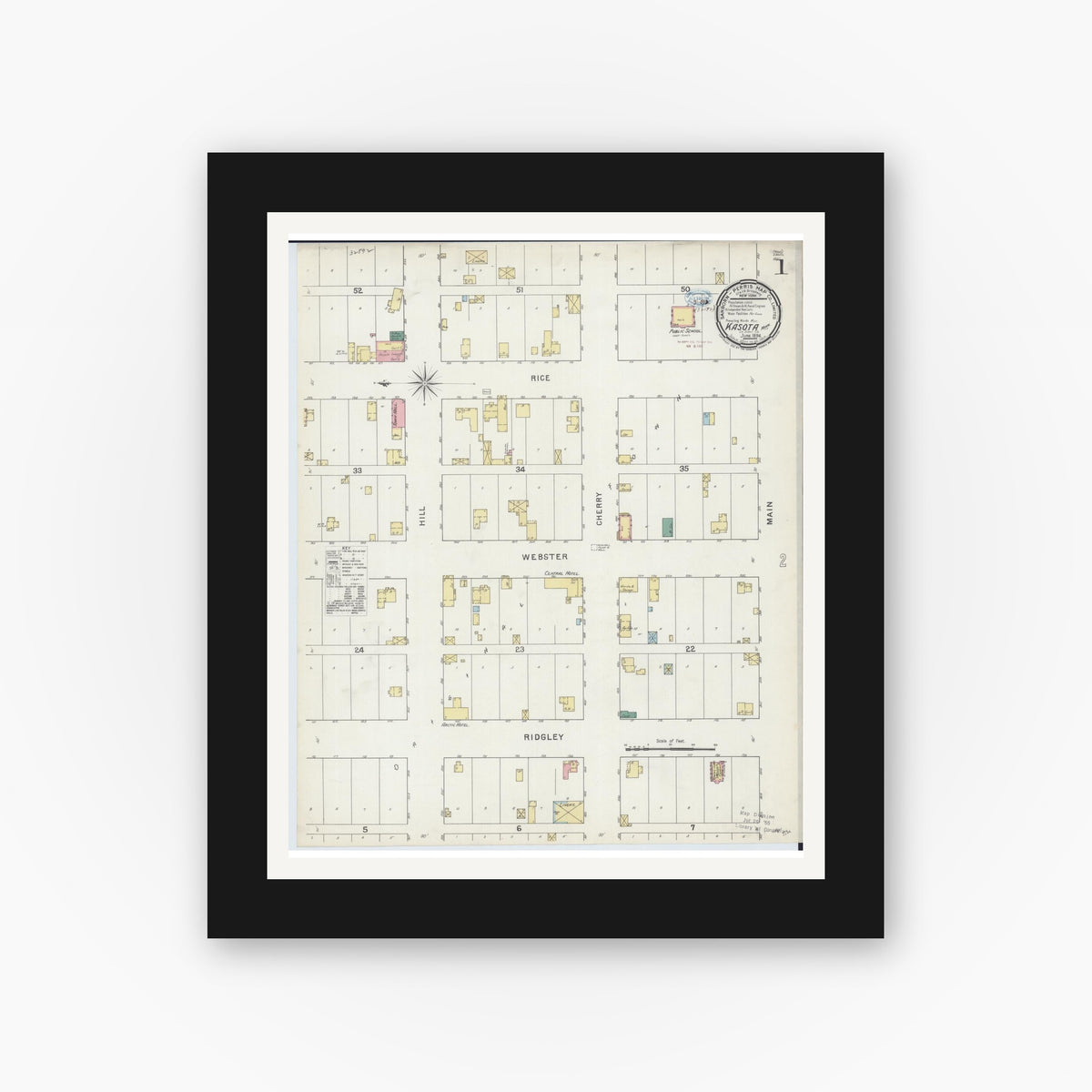 Old map wall art mockup — black gallery frame with white mat — Sanborn Fire Insurance Map from Kasota, Le Sueur County, Minnesota (1894), Sheet #0001