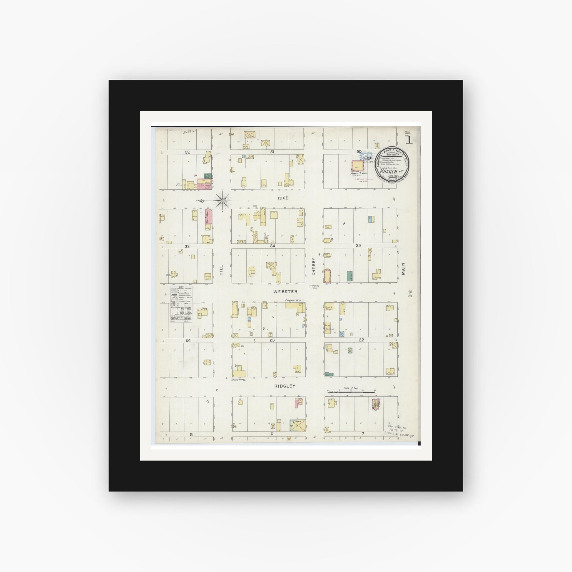 Old map wall art mockup — black gallery frame with white mat — Sanborn Fire Insurance Map from Kasota, Le Sueur County, Minnesota (1894), Sheet #0001