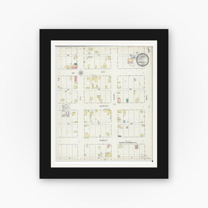Old map wall art mockup — black gallery frame with white mat — Sanborn Fire Insurance Map from Kasota, Le Sueur County, Minnesota (1894), Sheet #0001