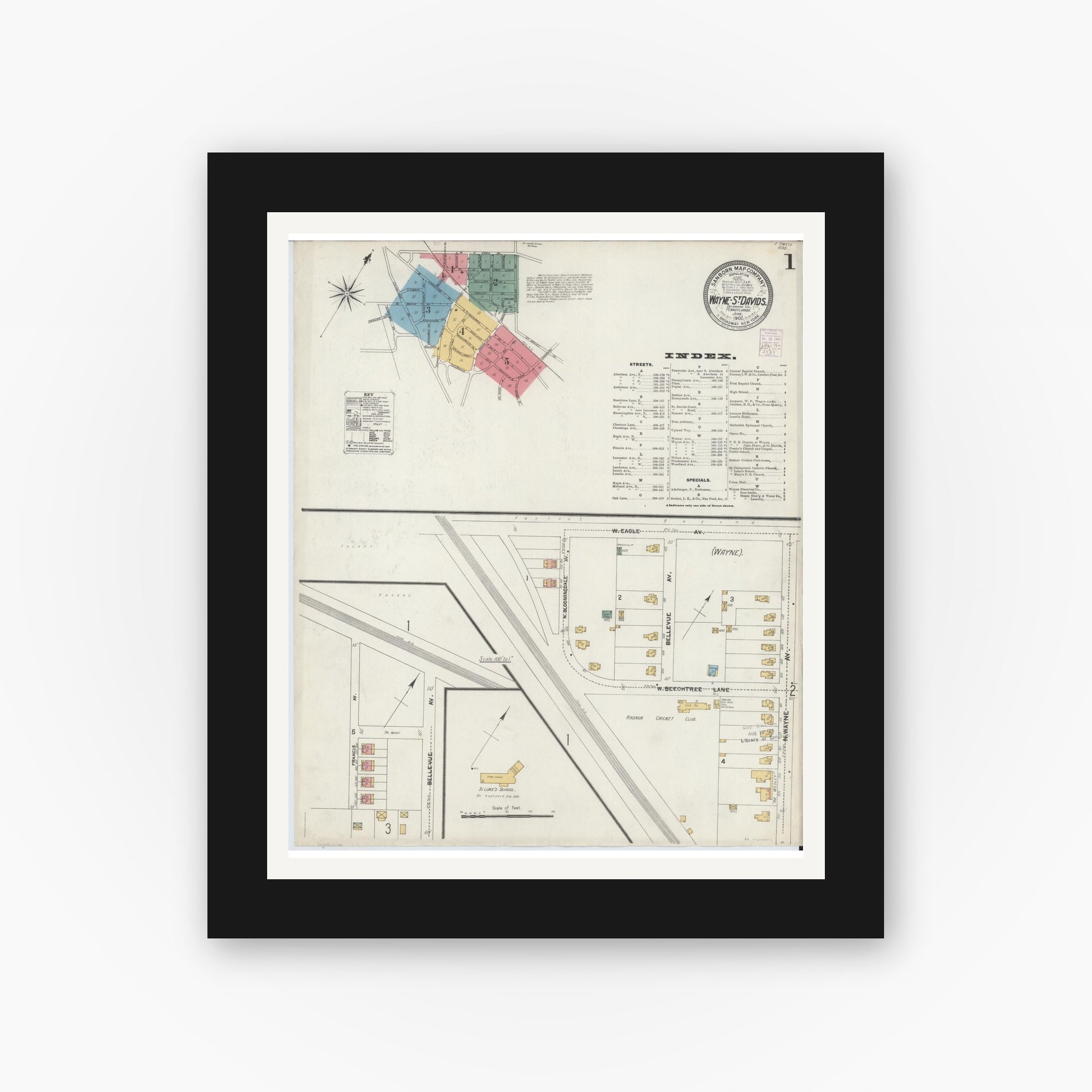Old map wall art mockup — black gallery frame with white mat — Sanborn Fire Insurance Map from Wayne, Delaware County, Pennsylvania (1902) - Complete Map Set
