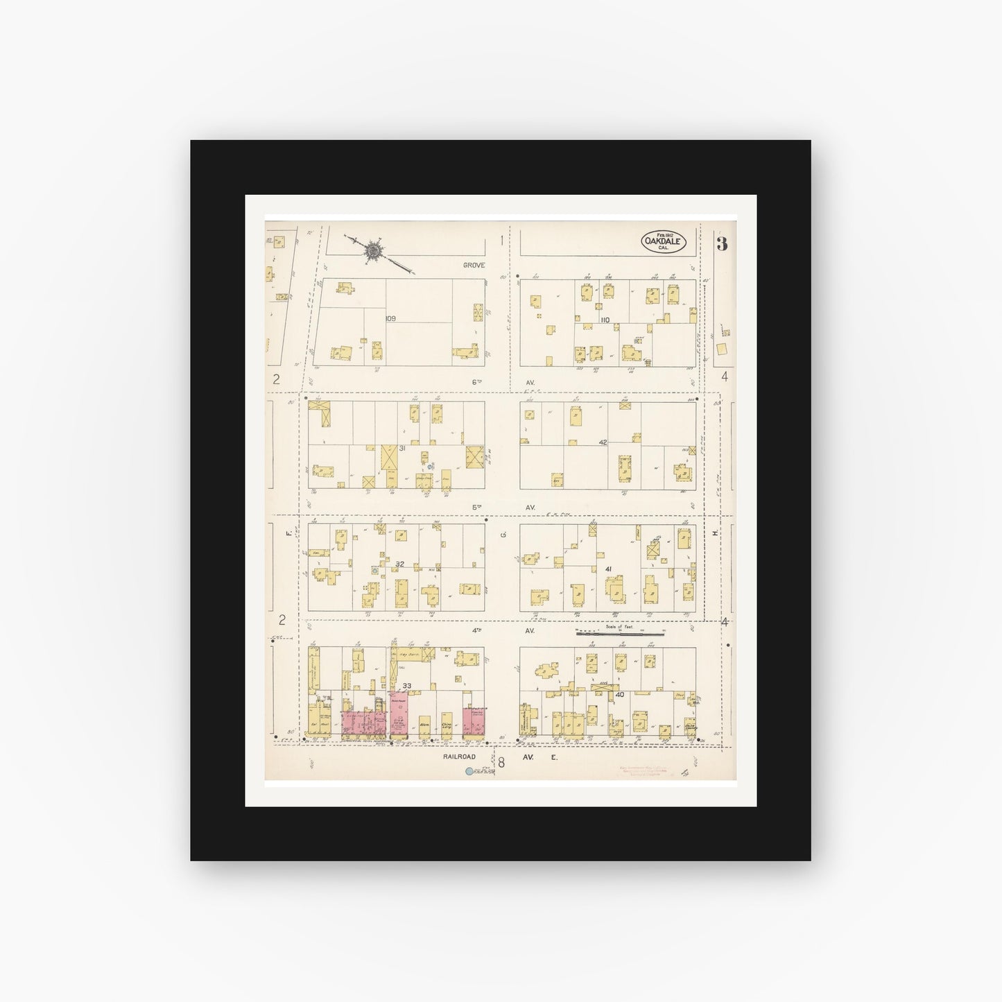 Old map wall art mockup — black gallery frame with white mat — Sanborn Fire Insurance Map from Oakdale, Stanislaus County, California (1912), Sheet #0003