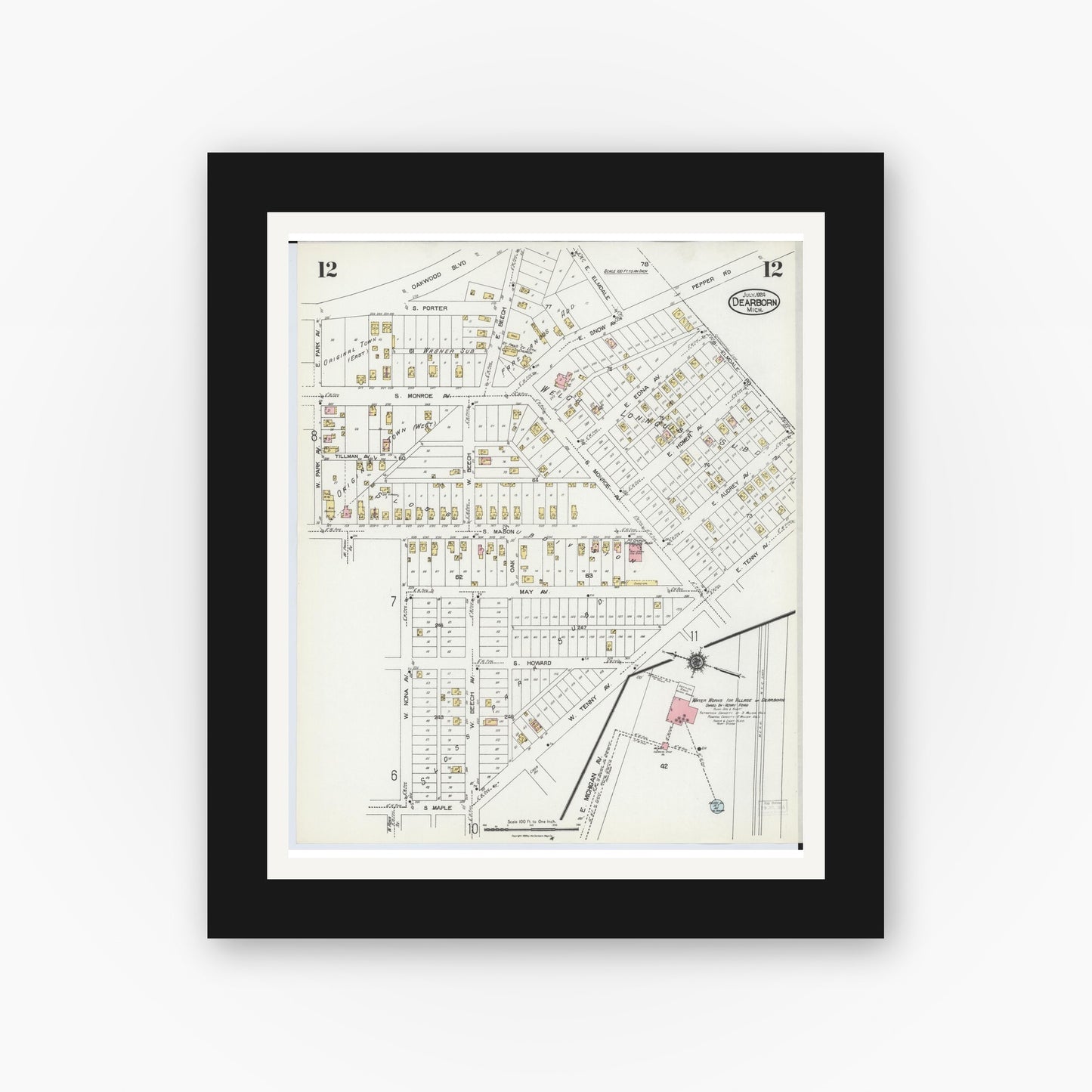 Old map wall art mockup — black gallery frame with white mat — Sanborn Fire Insurance Map from Dearborn, Wayne County, Michigan (1924), Sheet #0012