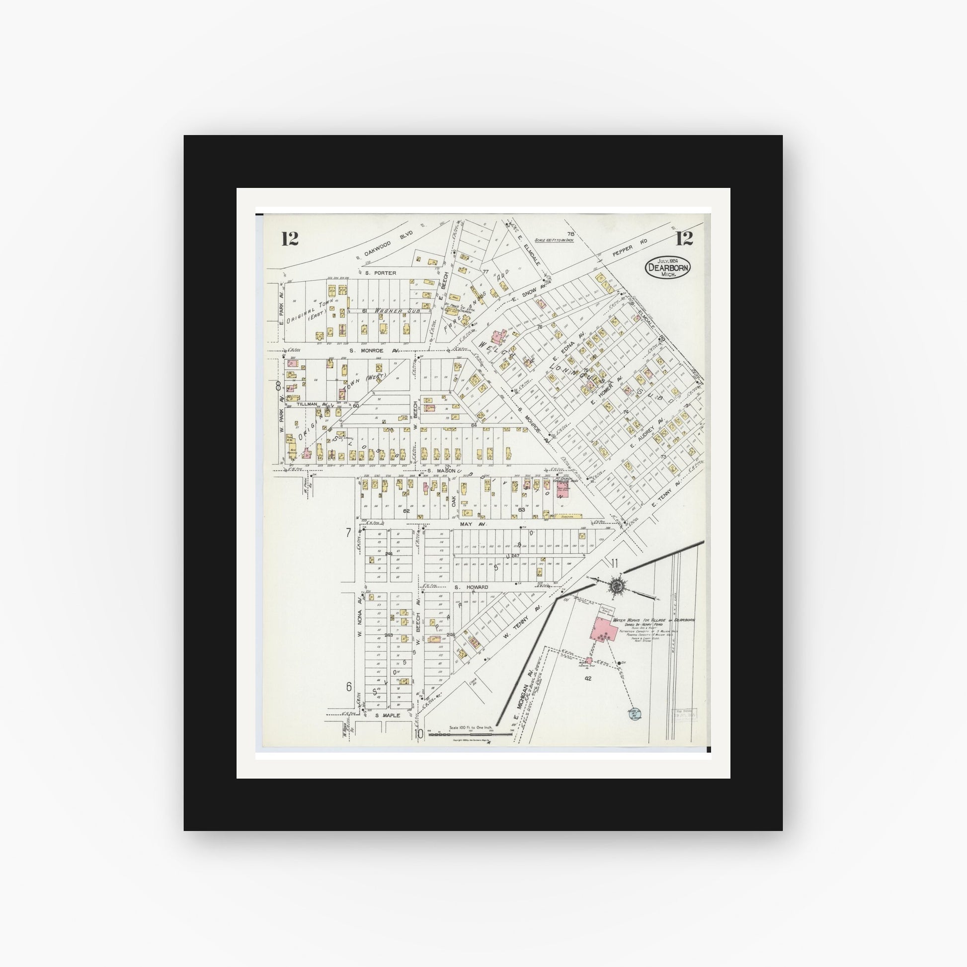 Old map wall art mockup — black gallery frame with white mat — Sanborn Fire Insurance Map from Dearborn, Wayne County, Michigan (1924), Sheet #0012