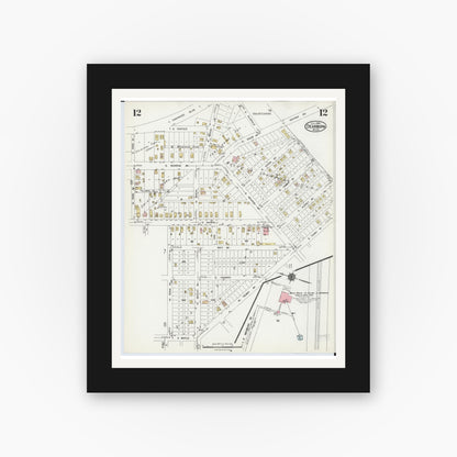 Old map wall art mockup — black gallery frame with white mat — Sanborn Fire Insurance Map from Dearborn, Wayne County, Michigan (1924), Sheet #0012