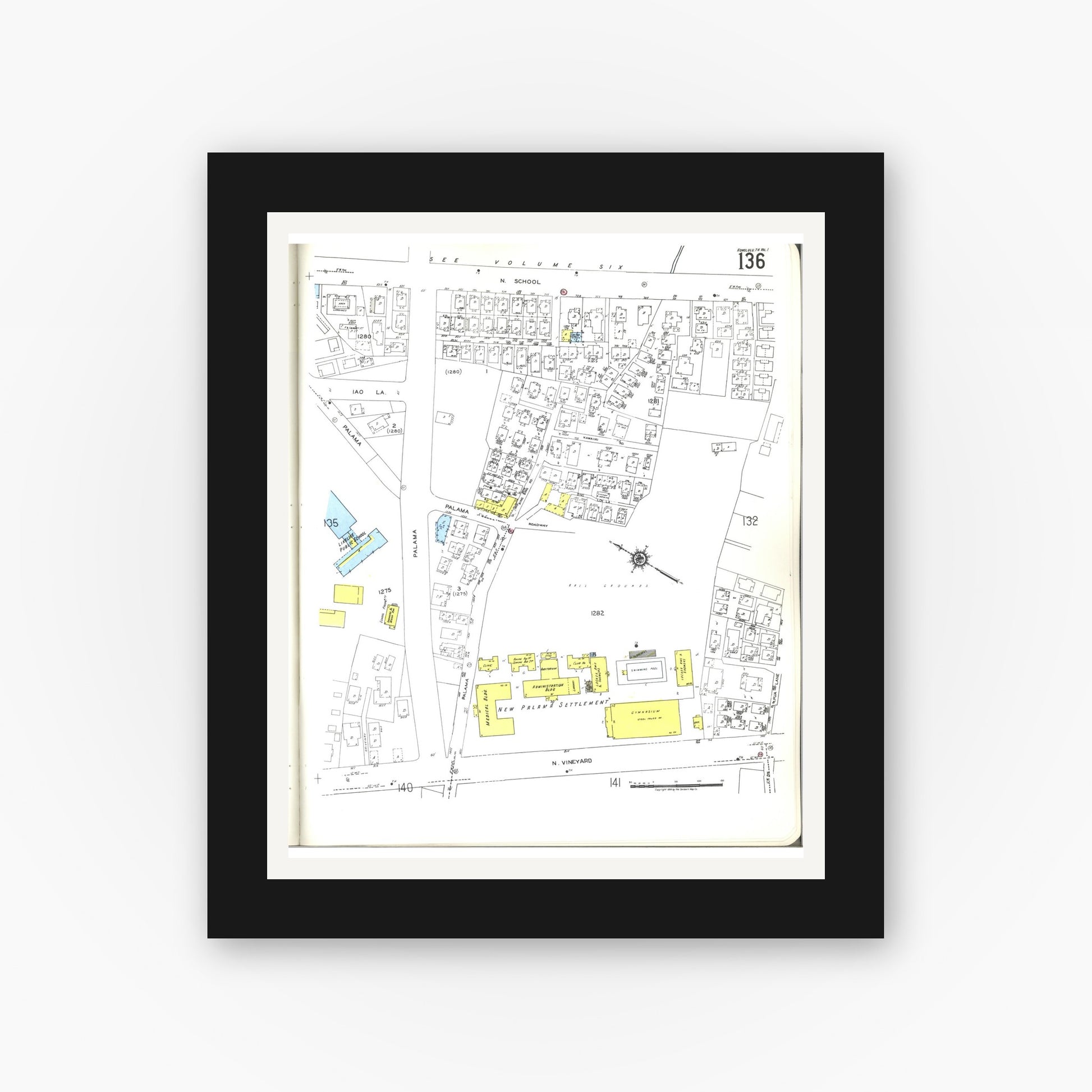 Old map wall art mockup — black gallery frame with white mat — Sanborn Fire Insurance Map from Honolulu, Oahu County, Hawaii (1955), Sheet #0136