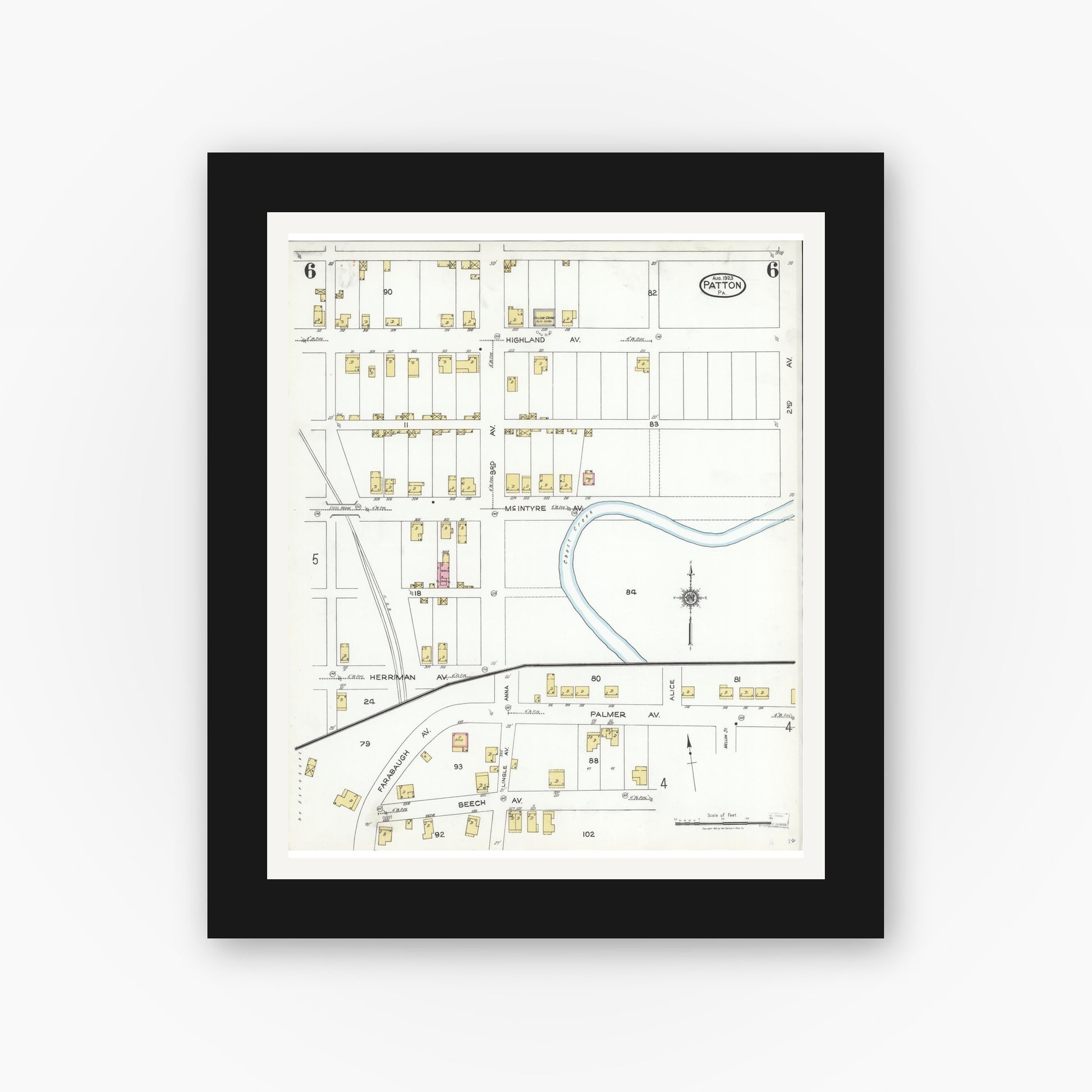 Old map wall art mockup — black gallery frame with white mat — Sanborn Fire Insurance Map from Patton, Cambria County, Pennsylvania (1923), Sheet #0006