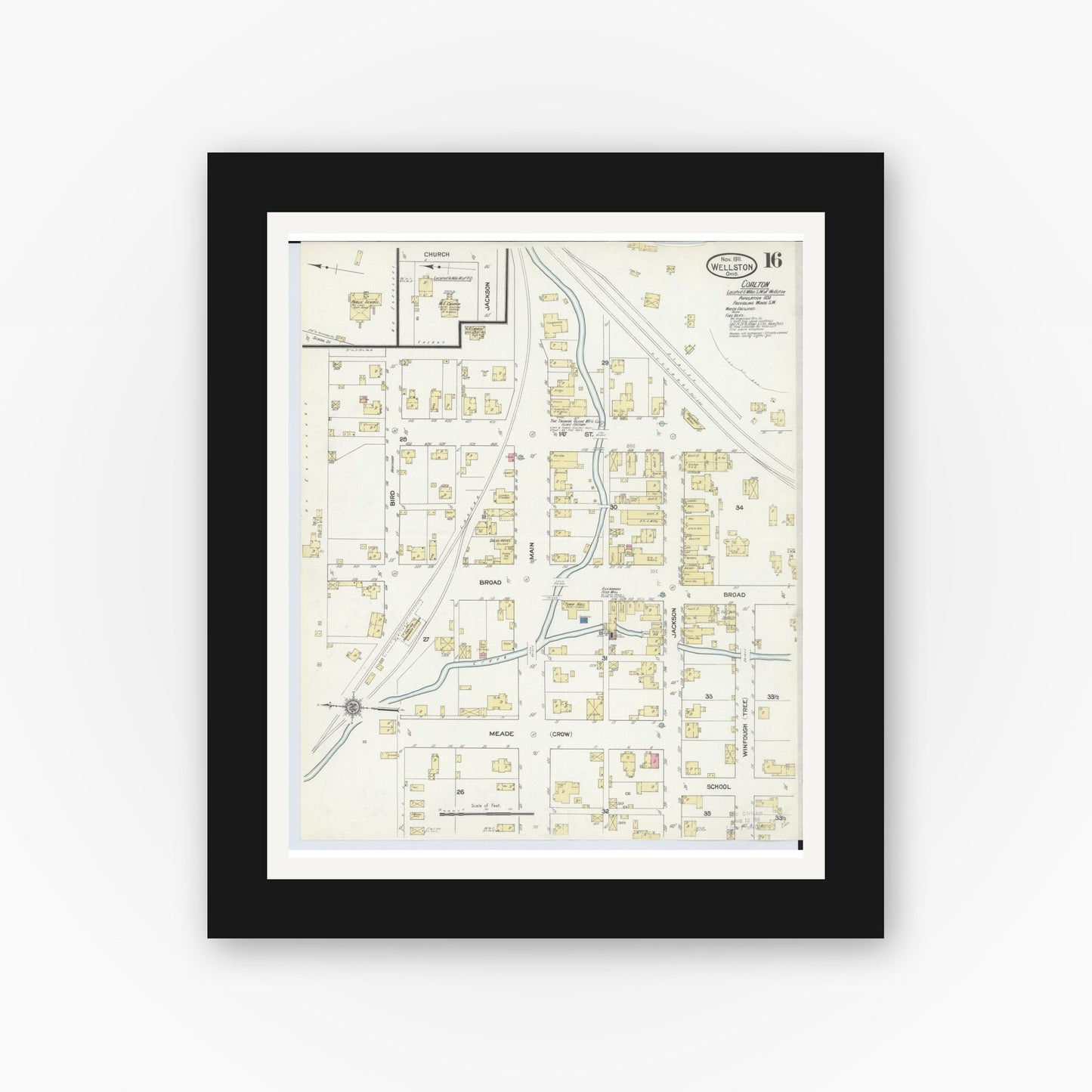 Old map wall art mockup — black gallery frame with white mat — Sanborn Fire Insurance Map from Wellston, Jackson County, Ohio (1911), Sheet #0016