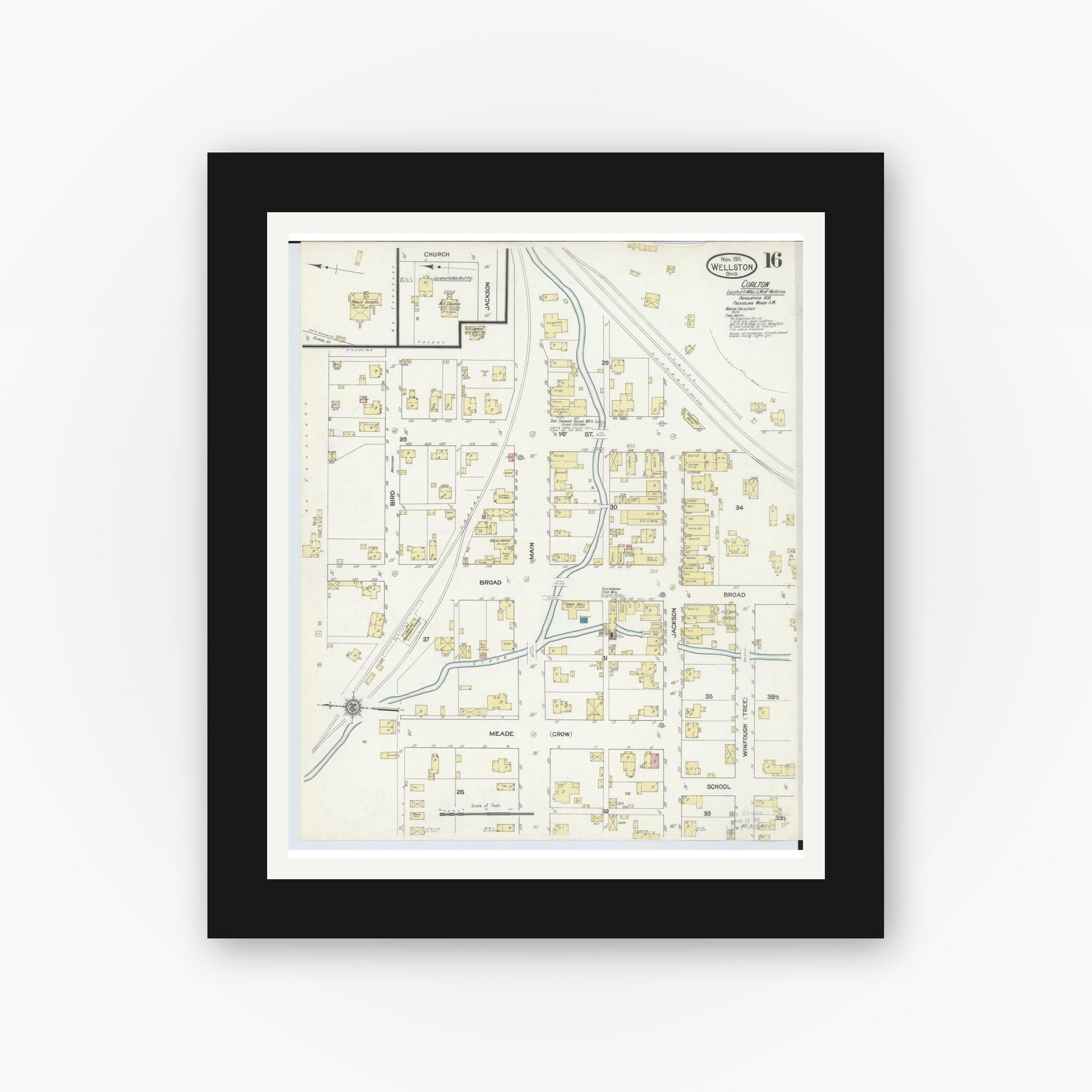 Old map wall art mockup — black gallery frame with white mat — Sanborn Fire Insurance Map from Wellston, Jackson County, Ohio (1911), Sheet #0016
