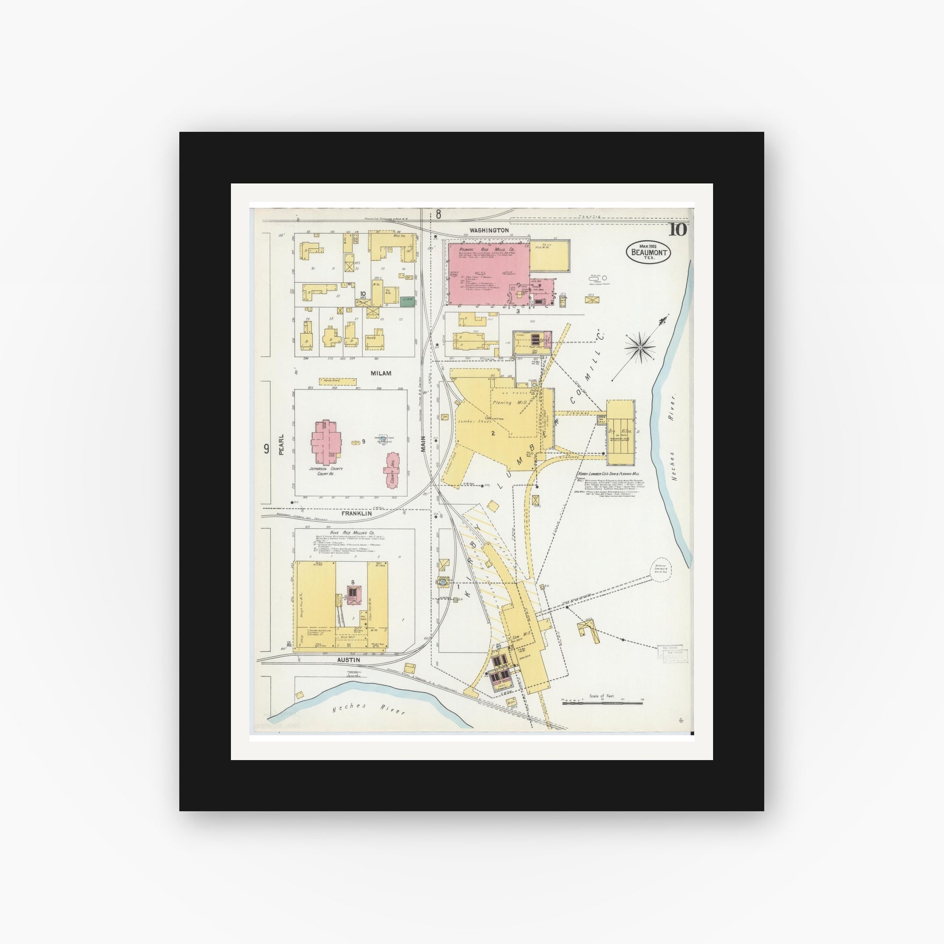 Old map wall art mockup — black gallery frame with white mat — Sanborn Fire Insurance Map from Beaumont, Jefferson County, Texas (1902), Sheet #0010