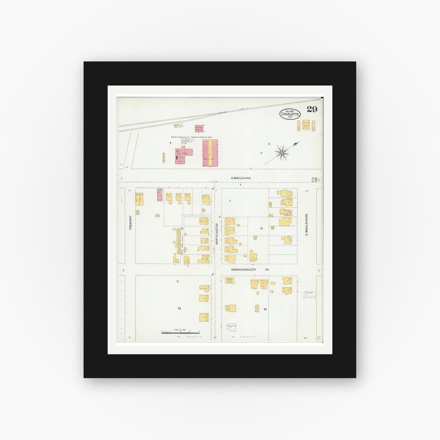 Old map wall art mockup — black gallery frame with white mat — Sanborn Fire Insurance Map from Charlotte, Mecklenburg County, North Carolina (1905), Sheet #0029