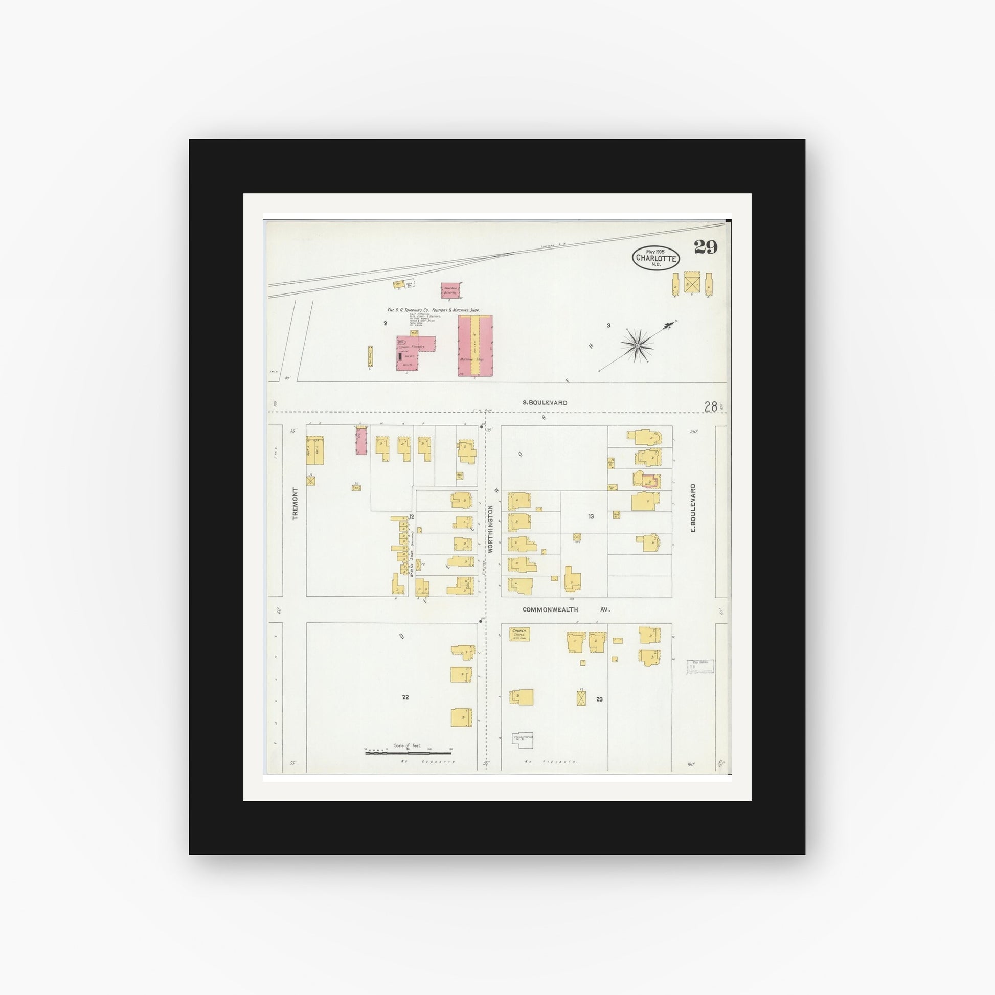 Old map wall art mockup — black gallery frame with white mat — Sanborn Fire Insurance Map from Charlotte, Mecklenburg County, North Carolina (1905), Sheet #0029