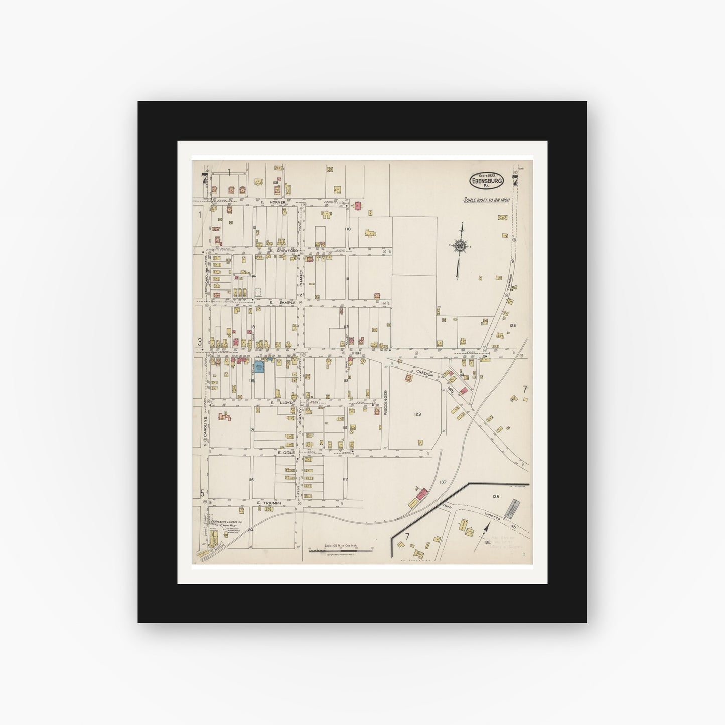 Old map wall art mockup — black gallery frame with white mat — Sanborn Fire Insurance Map from Ebensburg, Cambria County, Pennsylvania (1923), Sheet #0007