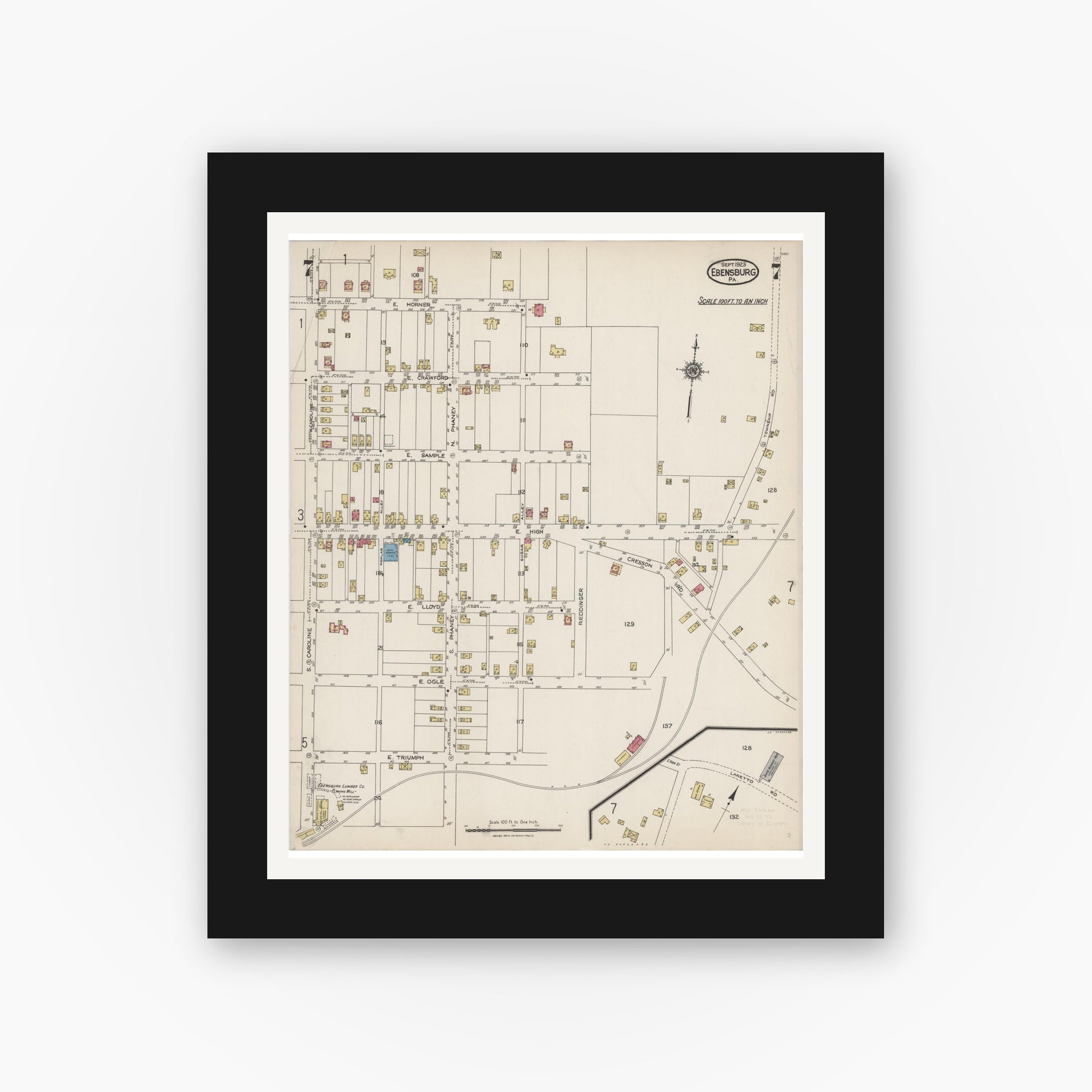 Old map wall art mockup — black gallery frame with white mat — Sanborn Fire Insurance Map from Ebensburg, Cambria County, Pennsylvania (1923), Sheet #0007