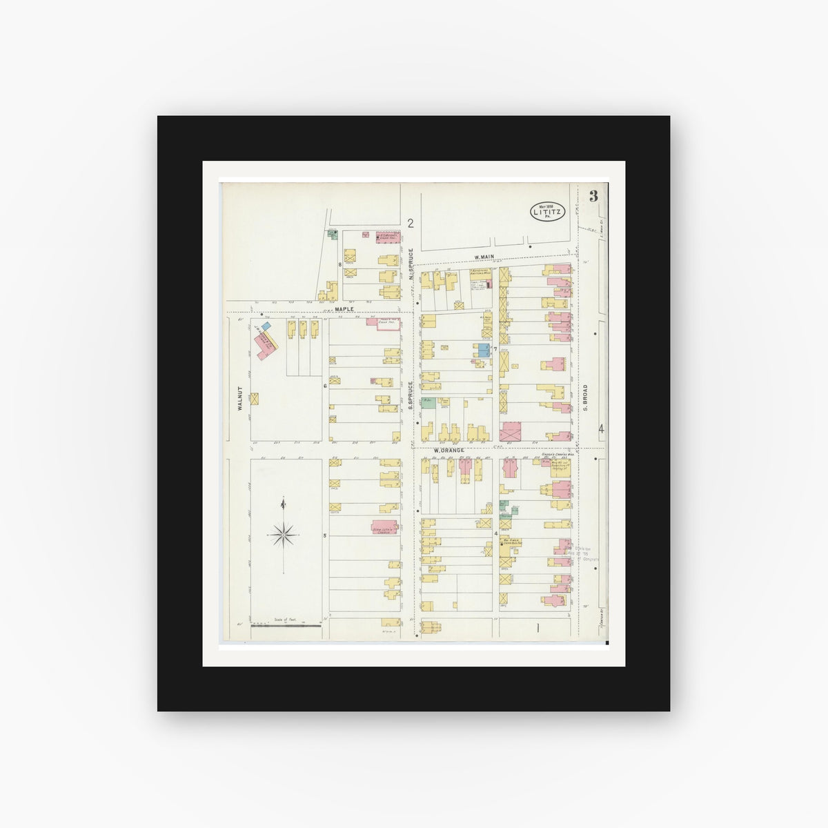 Old map wall art mockup — black gallery frame with white mat — Sanborn Fire Insurance Map from Lititz, Lancaster County, Pennsylvania (1898), Sheet #0003