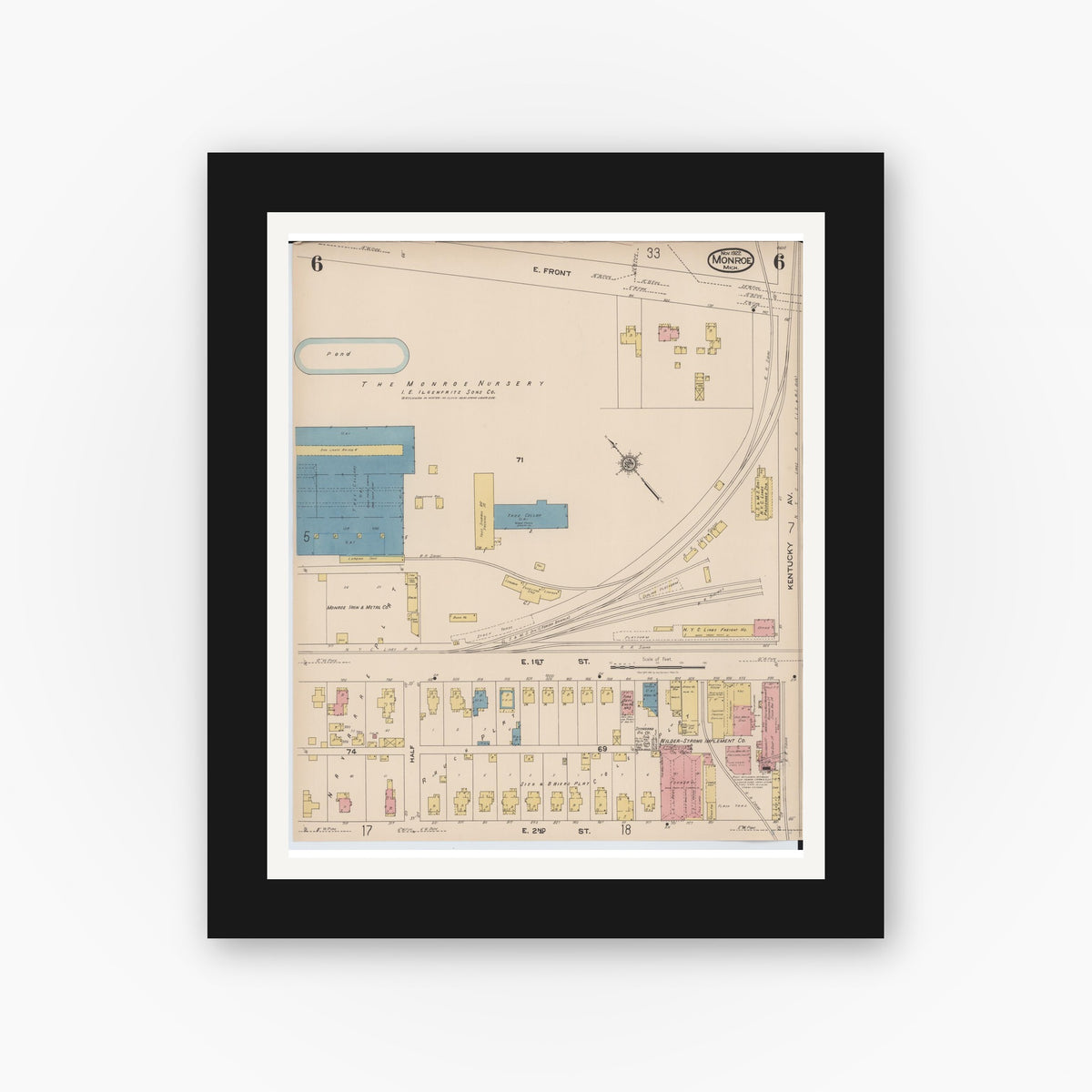 Old map wall art mockup — black gallery frame with white mat — Sanborn Fire Insurance Map from Monroe, Monroe County, Michigan (1922), Sheet #0006