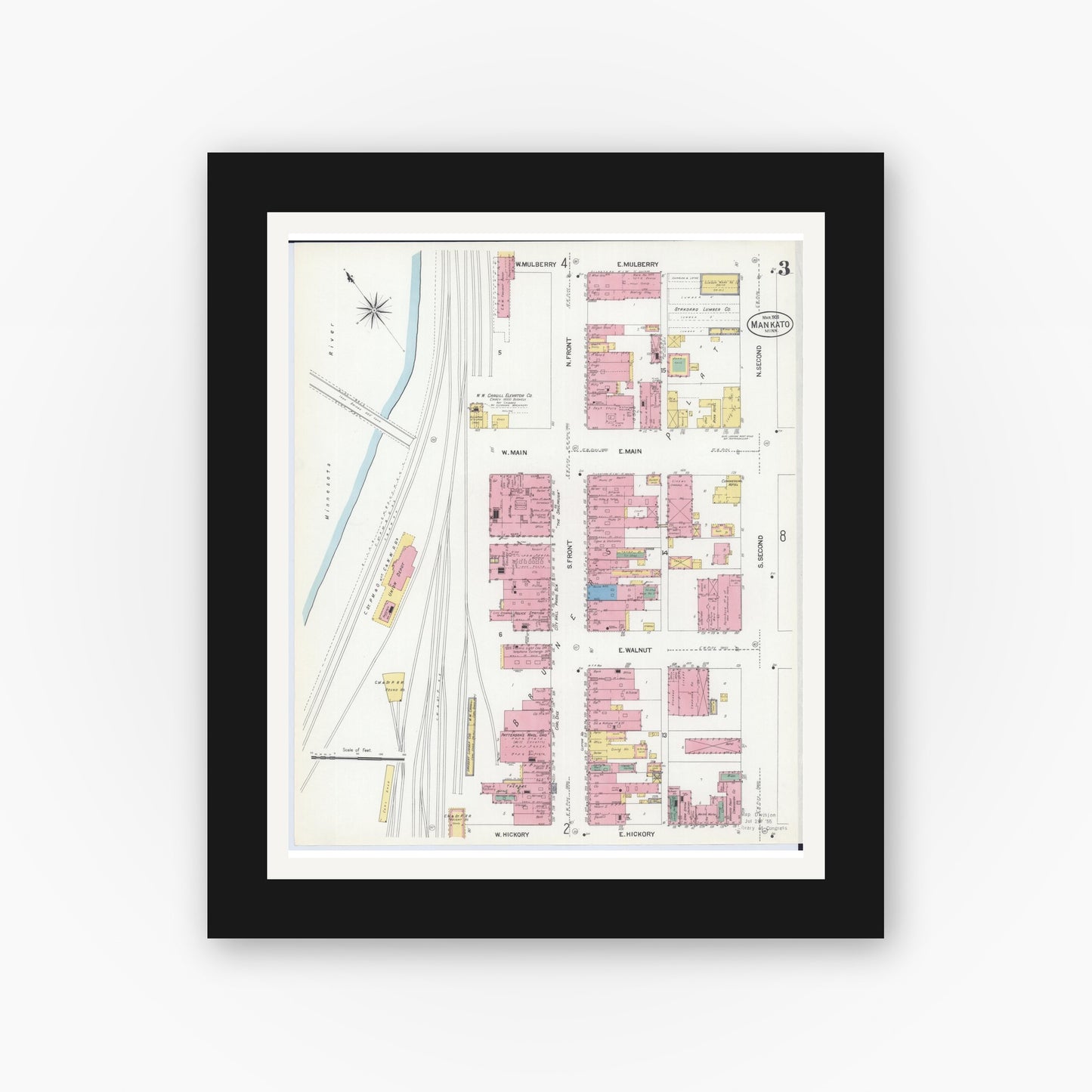 Old map wall art mockup — black gallery frame with white mat — Sanborn Fire Insurance Map from Mankato, Blue Earth County, Minnesota (1908), Sheet #0003