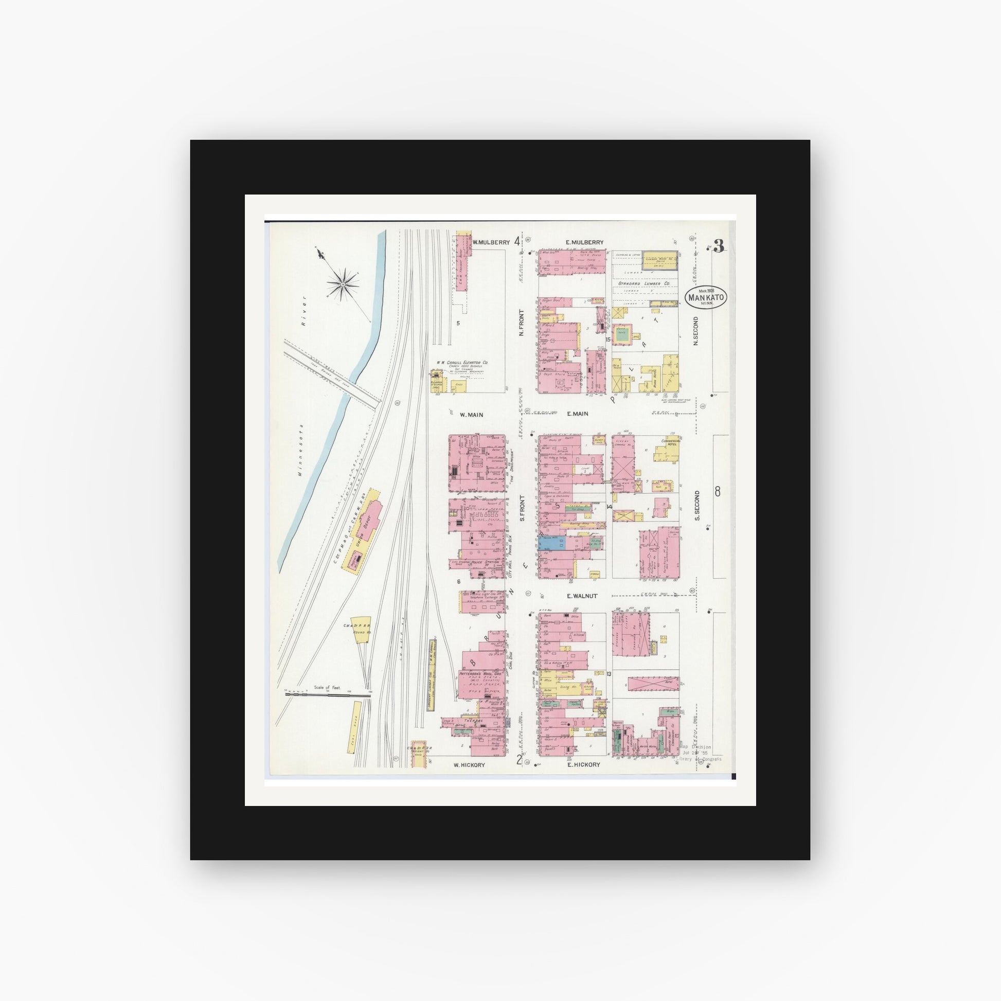 Old map wall art mockup — black gallery frame with white mat — Sanborn Fire Insurance Map from Mankato, Blue Earth County, Minnesota (1908), Sheet #0003