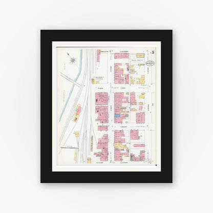 Old map wall art mockup — black gallery frame with white mat — Sanborn Fire Insurance Map from Mankato, Blue Earth County, Minnesota (1908), Sheet #0003