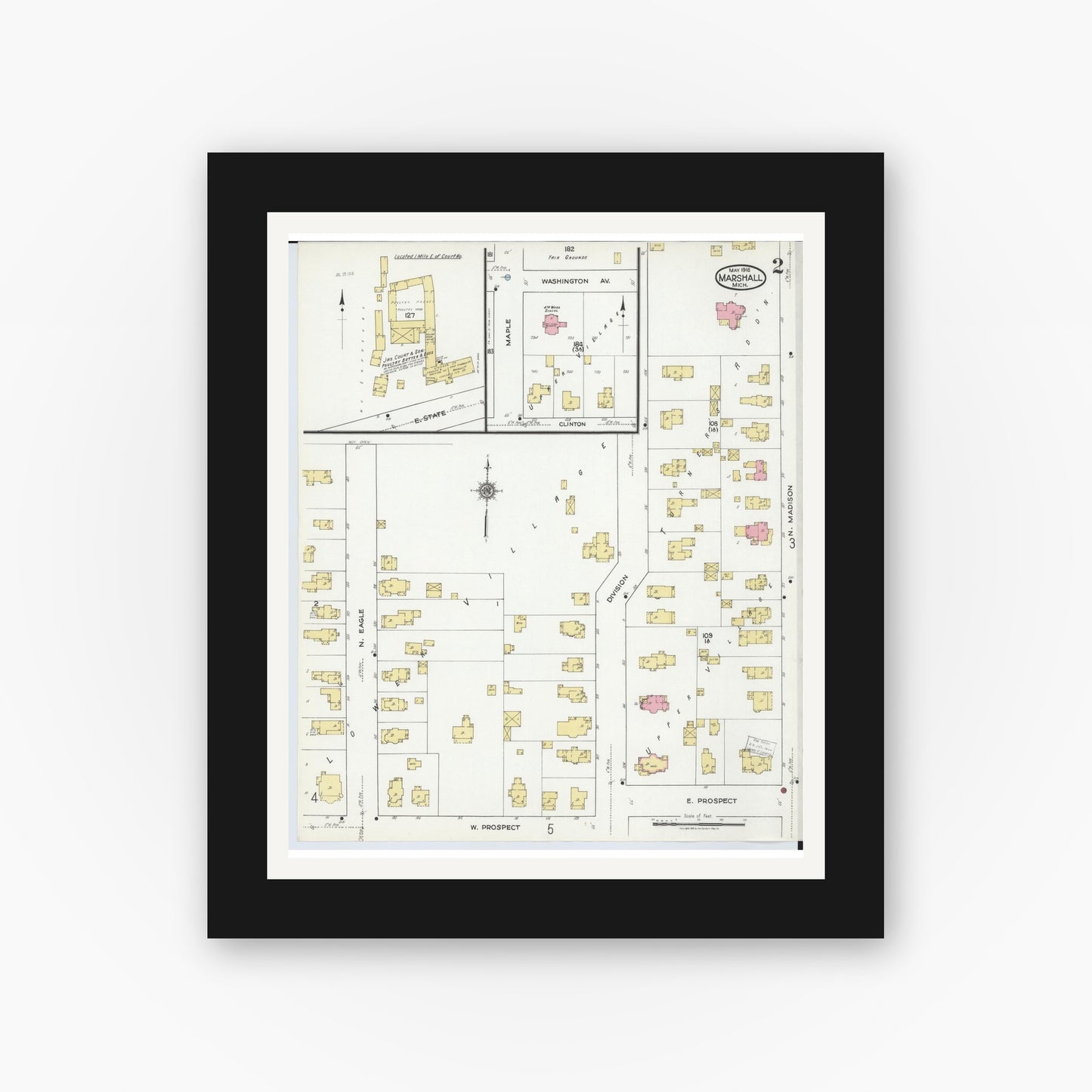 Old map wall art mockup — black gallery frame with white mat — Sanborn Fire Insurance Map from Marshall, Calhoun County, Michigan (1916), Sheet #0002