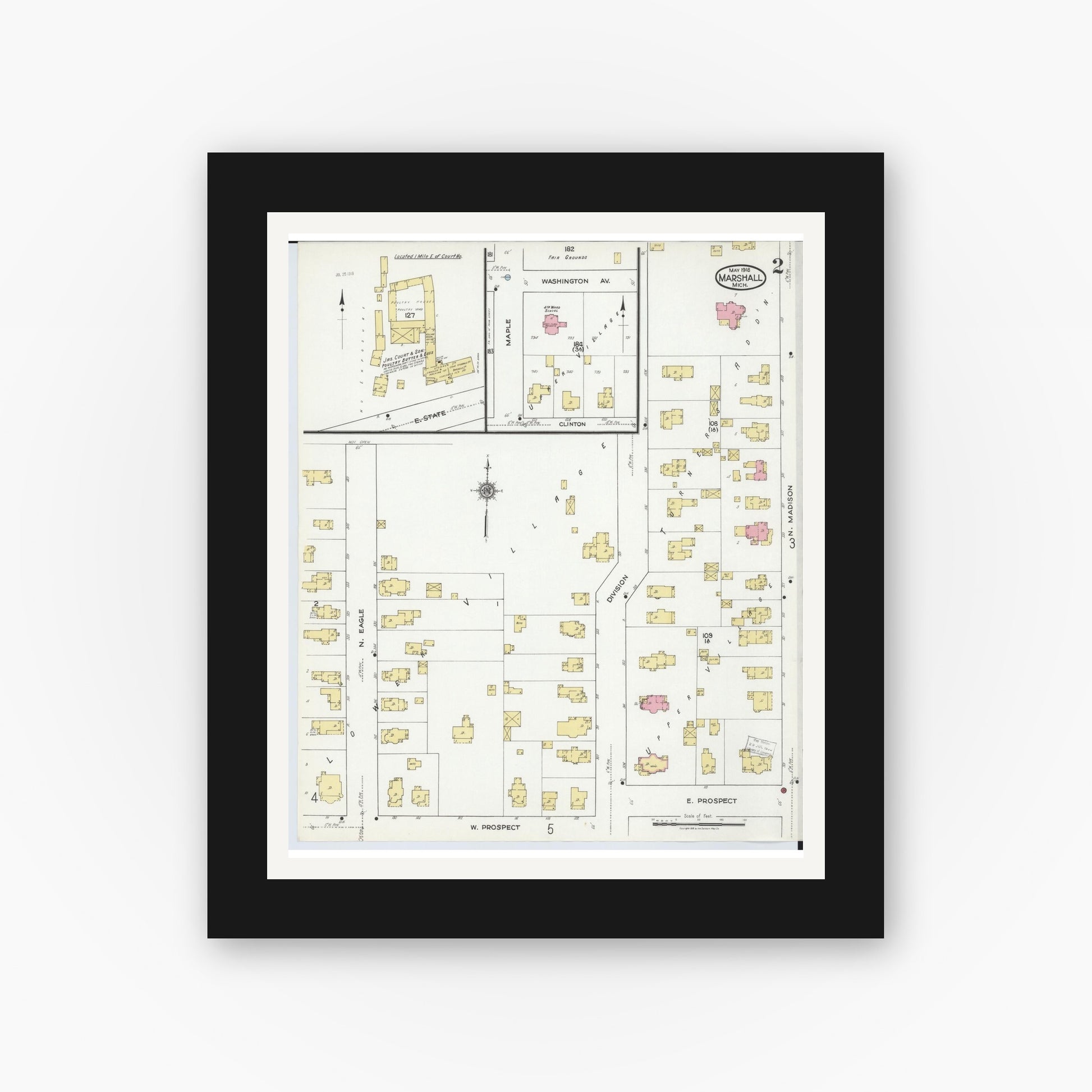 Old map wall art mockup — black gallery frame with white mat — Sanborn Fire Insurance Map from Marshall, Calhoun County, Michigan (1916), Sheet #0002