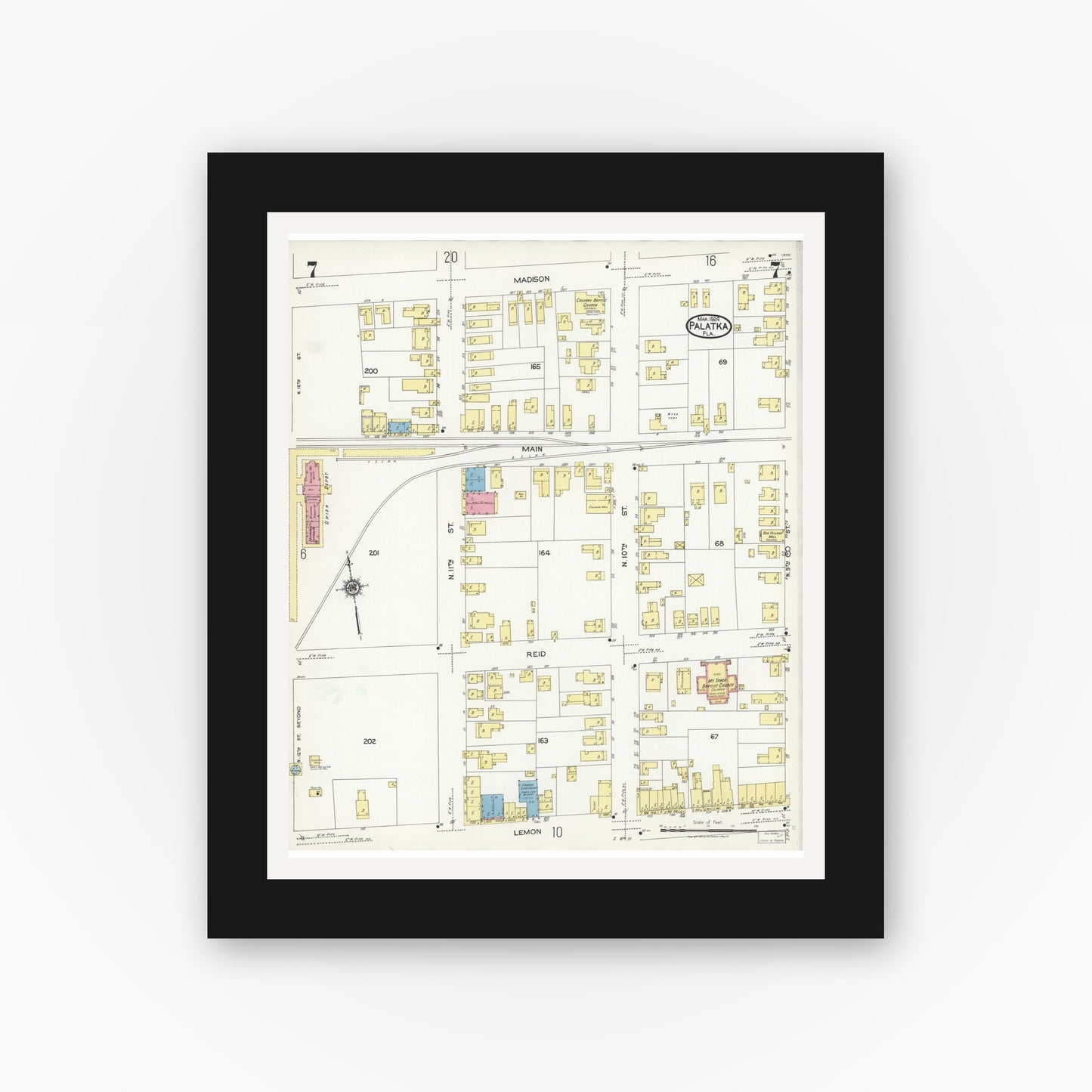 Old map wall art mockup — black gallery frame with white mat — Sanborn Fire Insurance Map from Palatka, Putnam County, Florida (1924), Sheet #0007