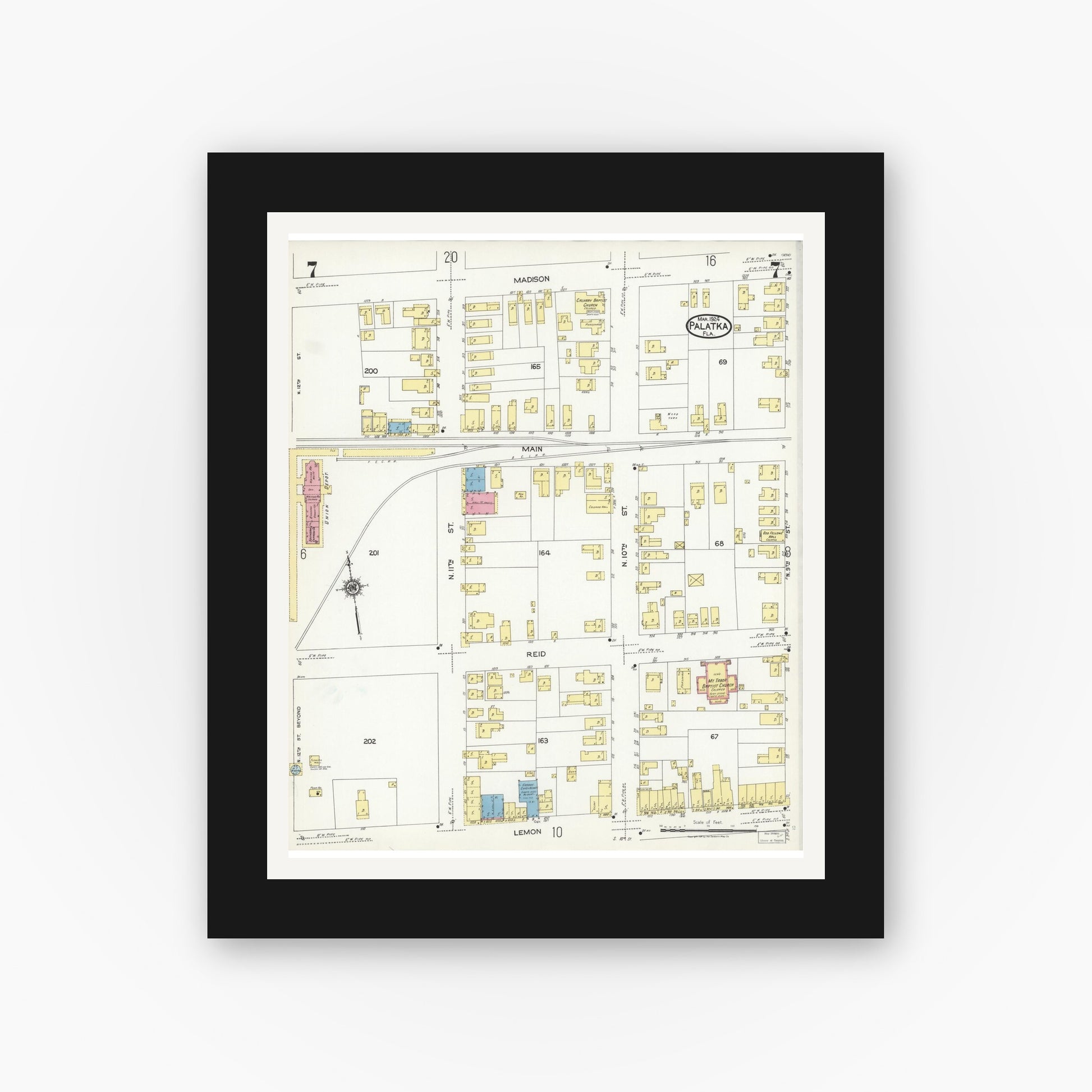 Old map wall art mockup — black gallery frame with white mat — Sanborn Fire Insurance Map from Palatka, Putnam County, Florida (1924), Sheet #0007