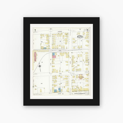 Old map wall art mockup — black gallery frame with white mat — Sanborn Fire Insurance Map from Palatka, Putnam County, Florida (1924), Sheet #0007