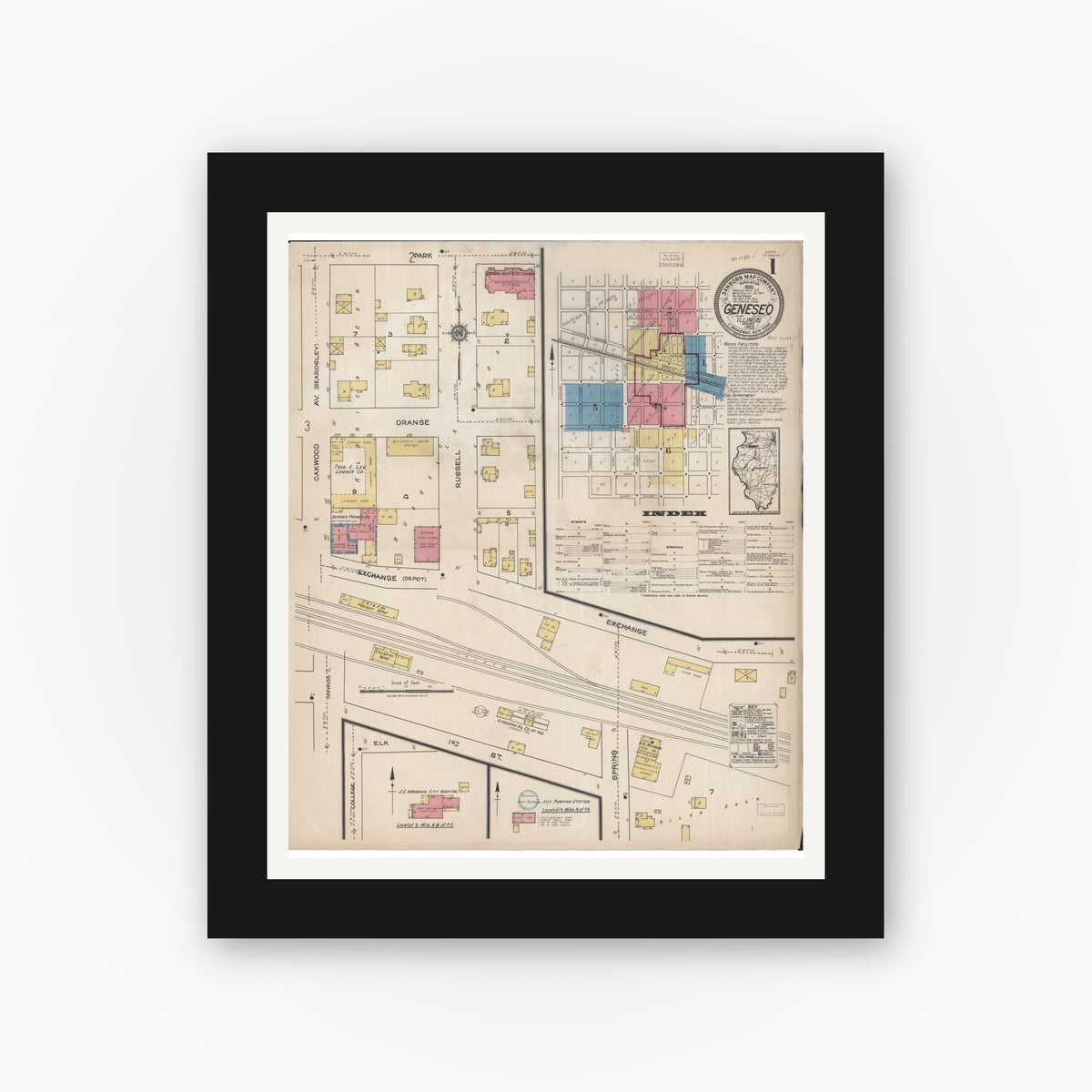 Old map wall art mockup — black gallery frame with white mat — Sanborn Fire Insurance Map from Geneseo, Henry County, Illinois (1922) - Complete Map Set