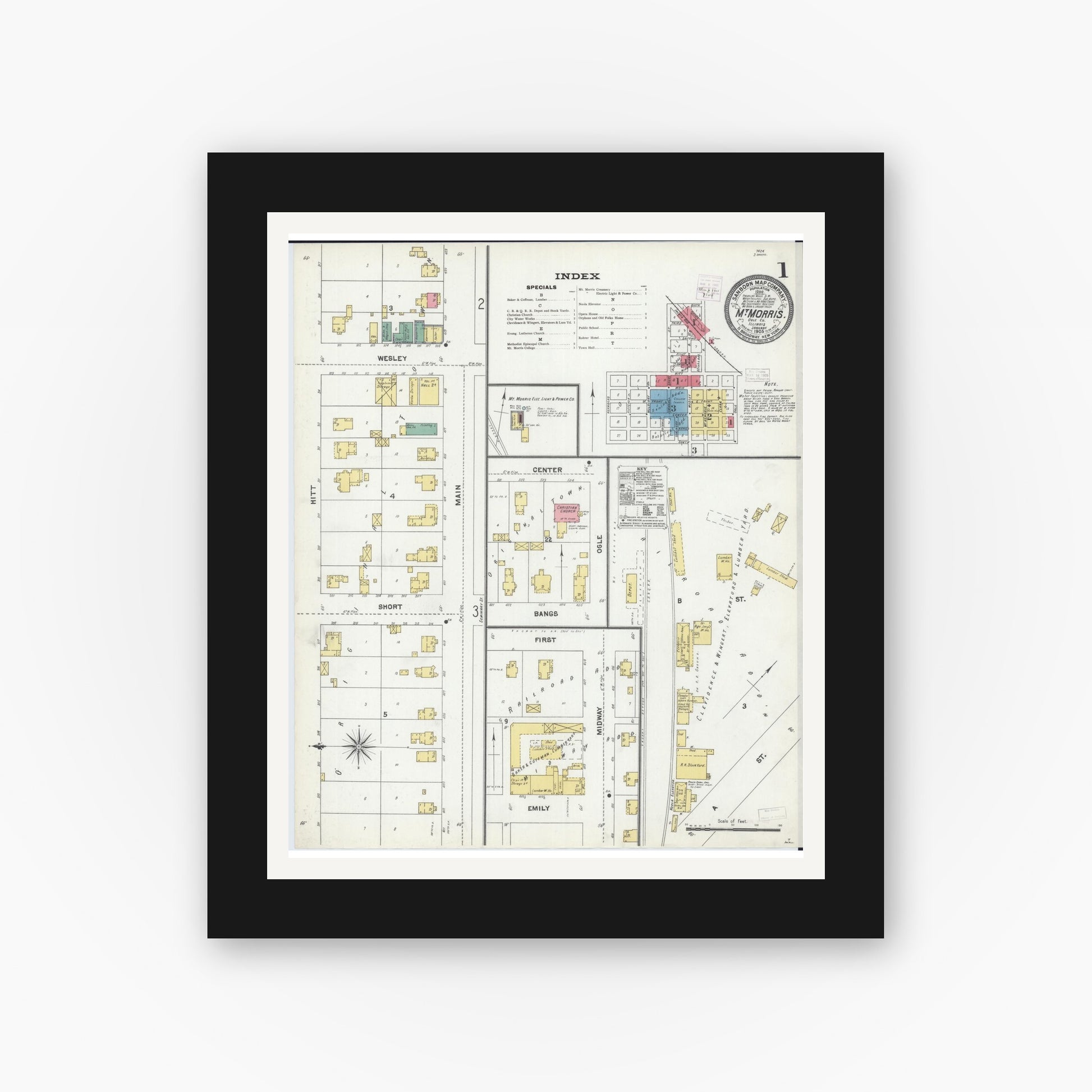 Old map wall art mockup — black gallery frame with white mat — Sanborn Fire Insurance Map from Mount Morris, Ogle County, Illinois (1905) - Complete Map Set