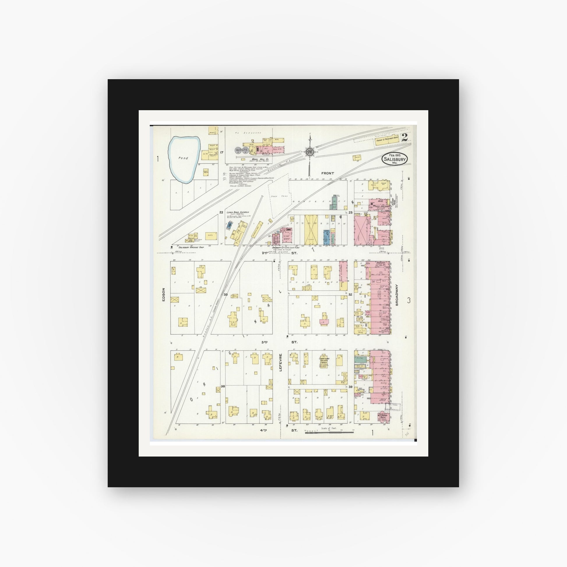 Old map wall art mockup — black gallery frame with white mat — Sanborn Fire Insurance Map from Salisbury, Chariton County, Missouri (1910), Sheet #0002