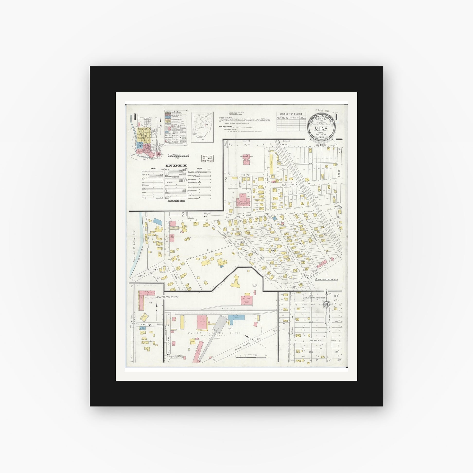 Old map wall art mockup — black gallery frame with white mat — Sanborn Fire Insurance Map from Utica, Licking County, Ohio (1936) - Complete Map Set