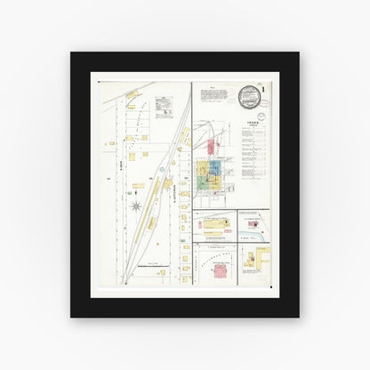 Old map wall art mockup — black gallery frame with white mat — Sanborn Fire Insurance Map from Sigourney, Kiokuk County, Iowa (1899) â€” Complete Set
