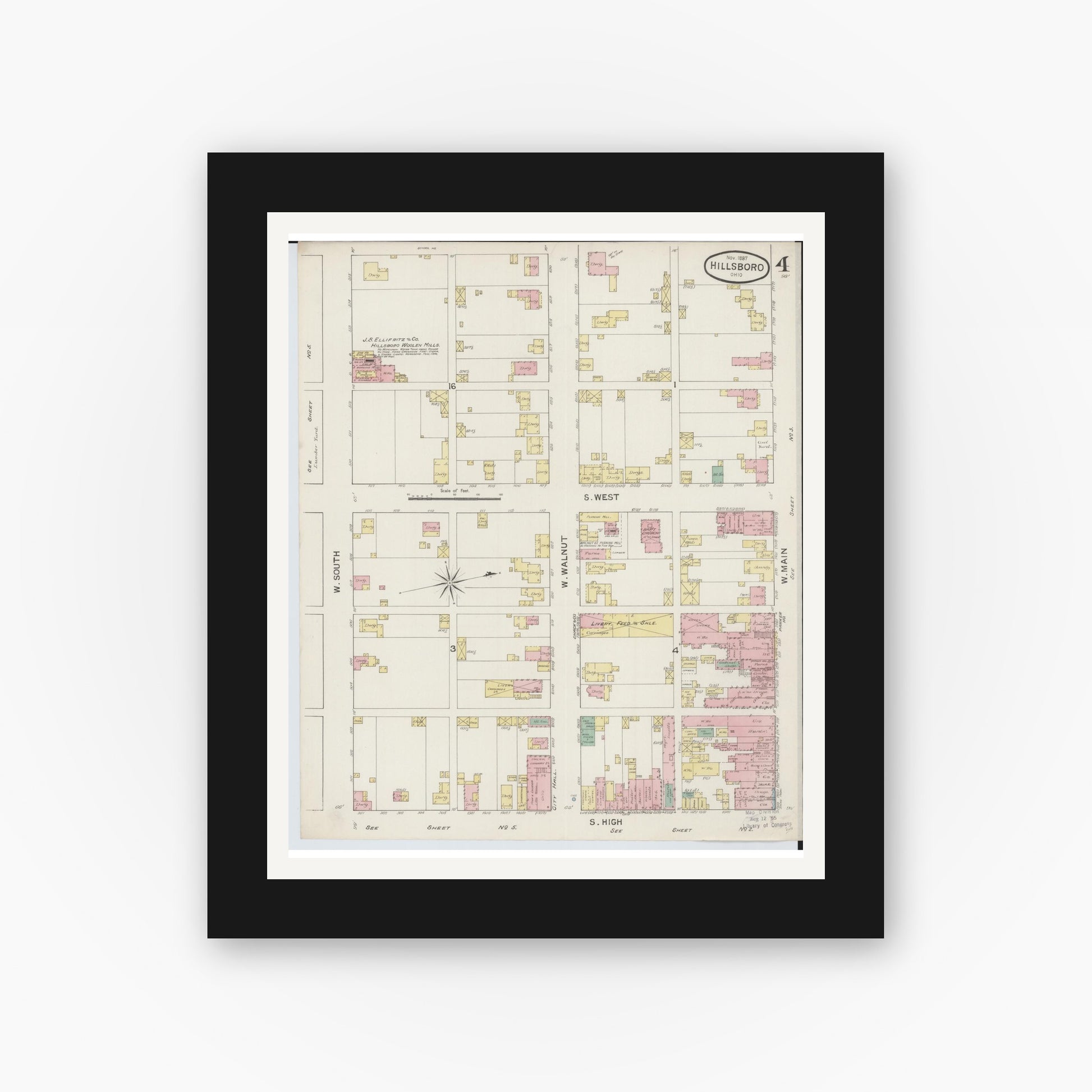 Old map wall art mockup — black gallery frame with white mat — Sanborn Fire Insurance Map from Hillsboro, Highland County, Ohio (1887), Sheet #0004